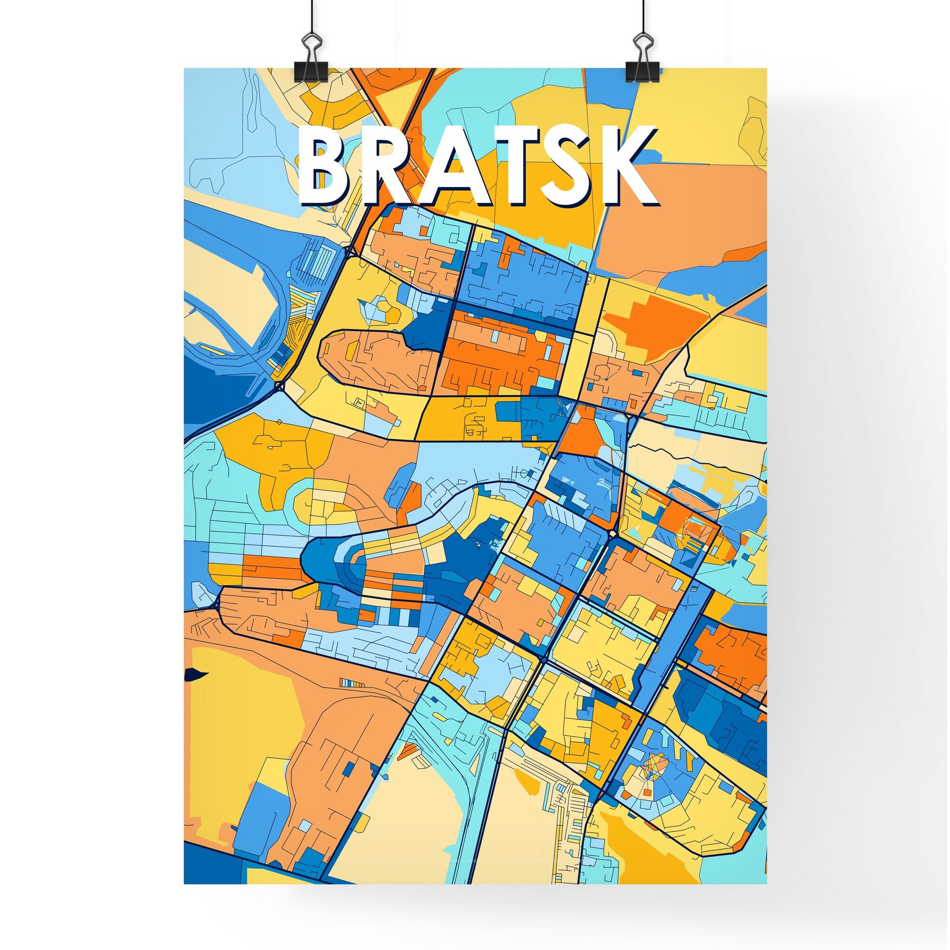 BRATSK RUSSIA Vibrant Colorful Art Map Poster Blue Orange