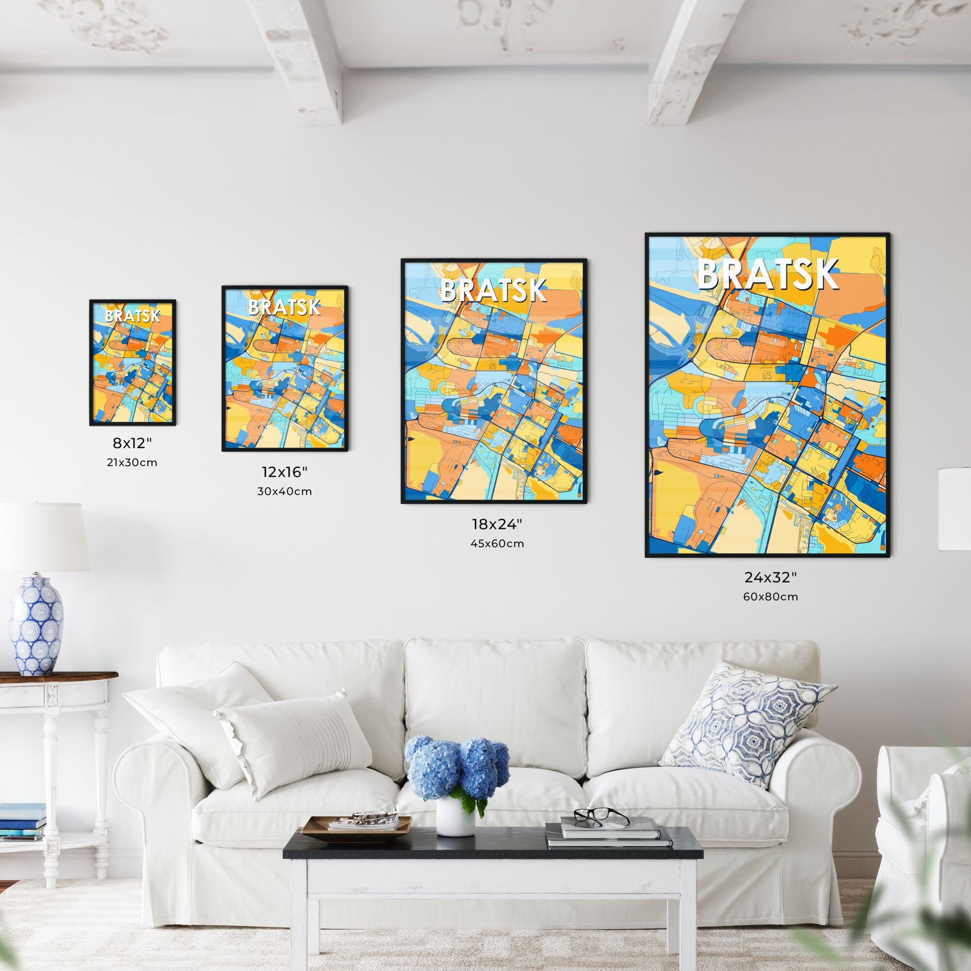 BRATSK RUSSIA Vibrant Colorful Art Map Poster Blue Orange