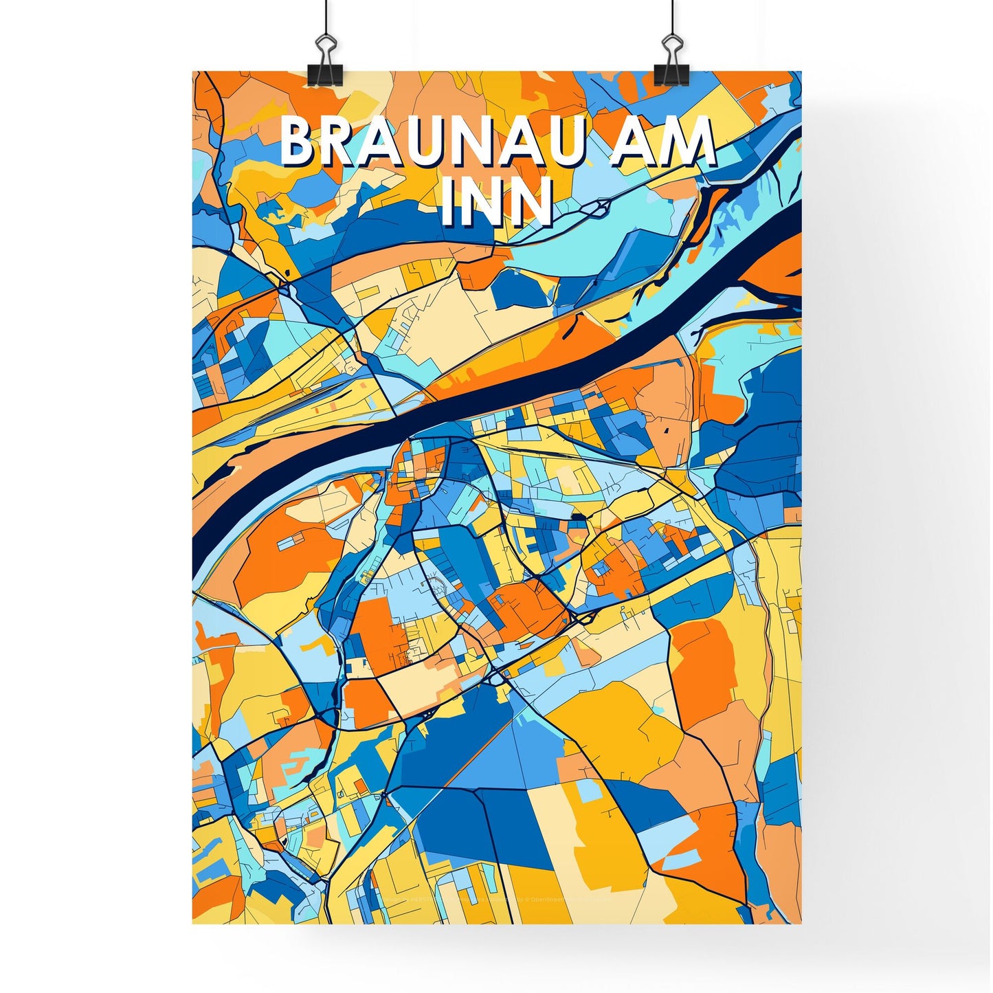 BRAUNAU AM INN AUSTRIA Vibrant Colorful Art Map Poster Blue Orange