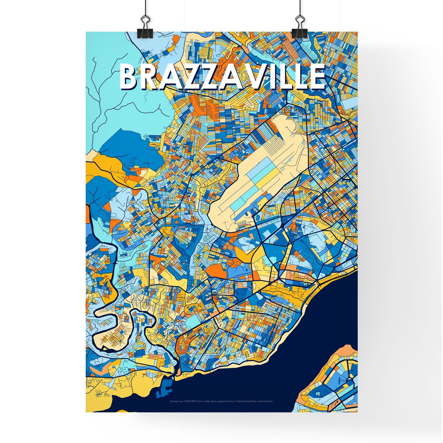 BRAZZAVILLE REPUBLIC OF THE CONGO Vibrant Colorful Art Map Poster Blue Orange