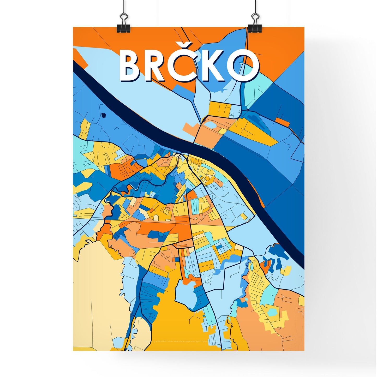 BRČKO BOSNIA AND HERZEGOVINA Vibrant Colorful Art Map Poster Blue Orange