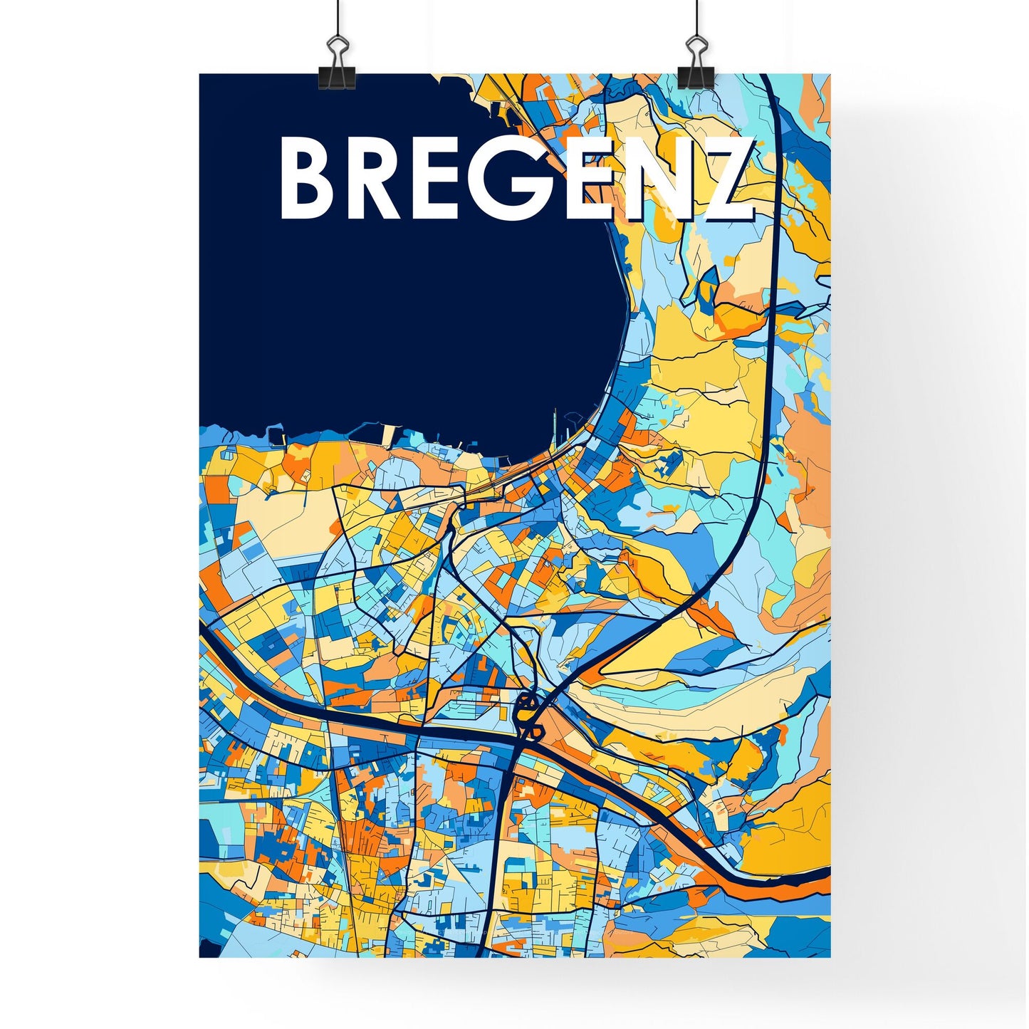 BREGENZ AUSTRIA Vibrant Colorful Art Map Poster Blue Orange