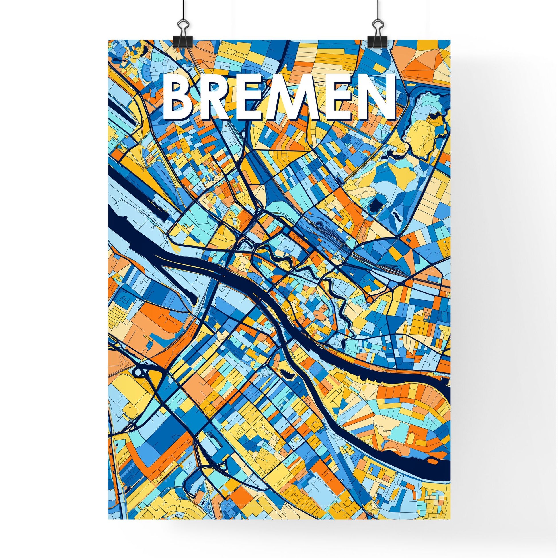 BREMEN GERMANY Vibrant Colorful Art Map Poster Blue Orange