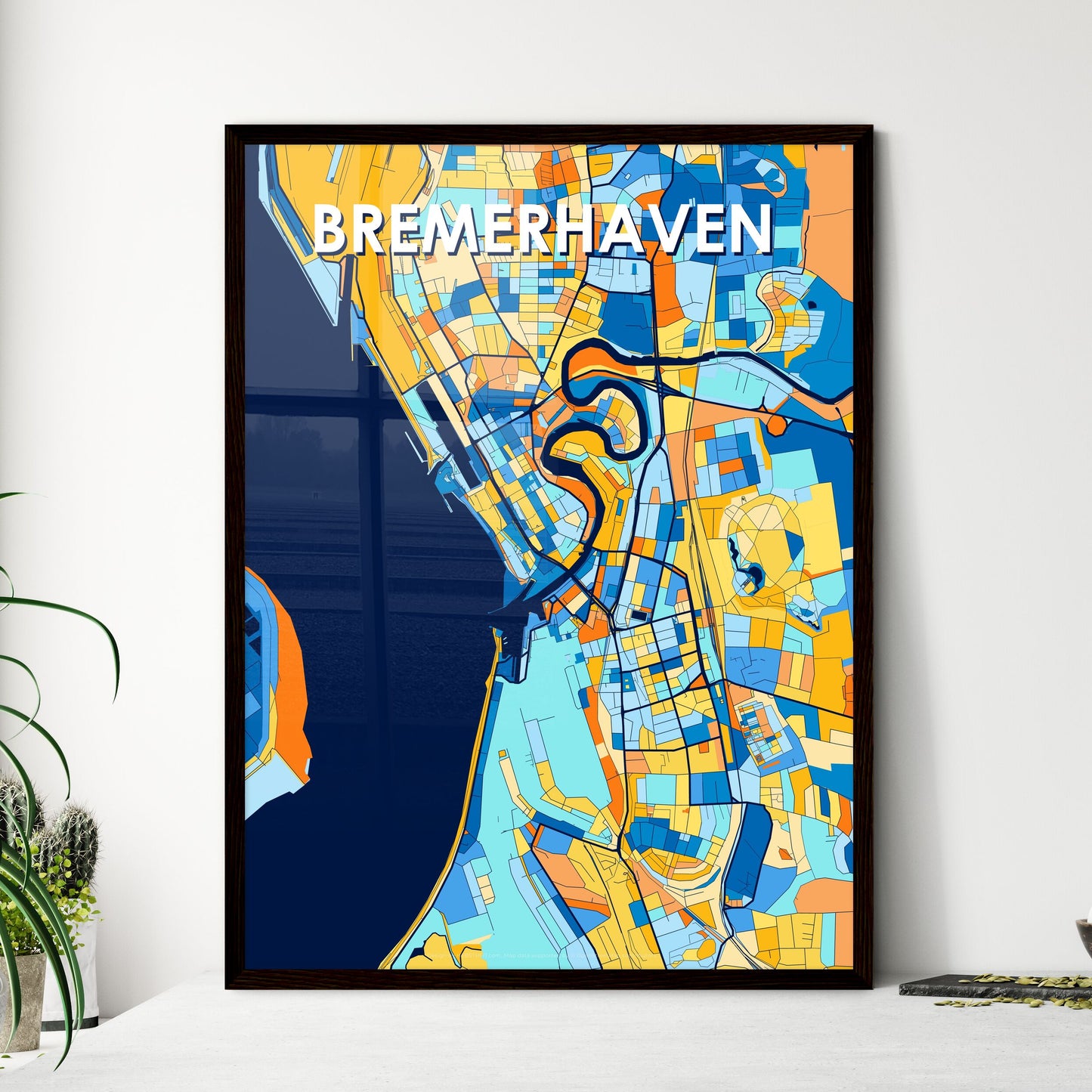 BREMERHAVEN GERMANY Vibrant Colorful Art Map Poster Blue Orange