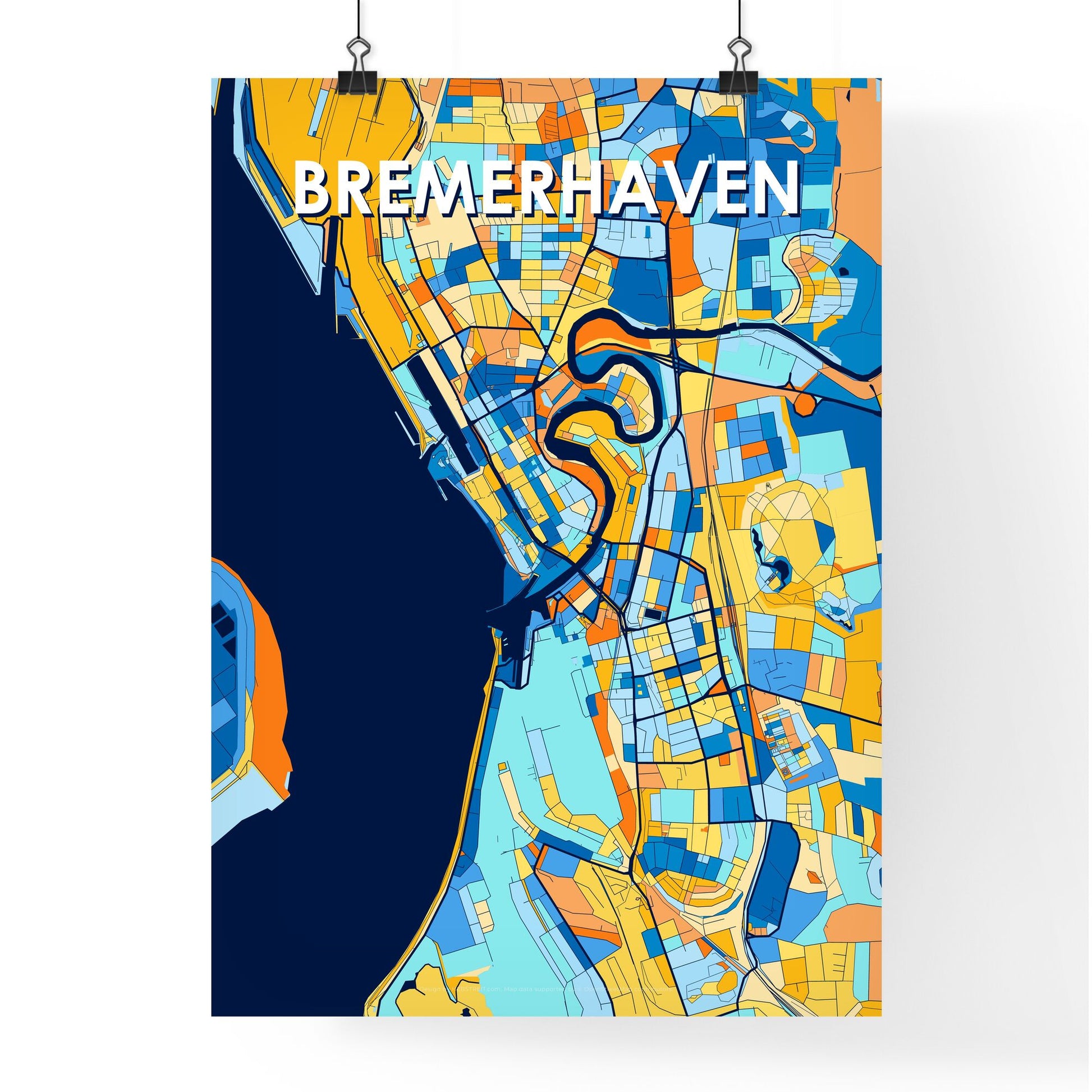 BREMERHAVEN GERMANY Vibrant Colorful Art Map Poster Blue Orange