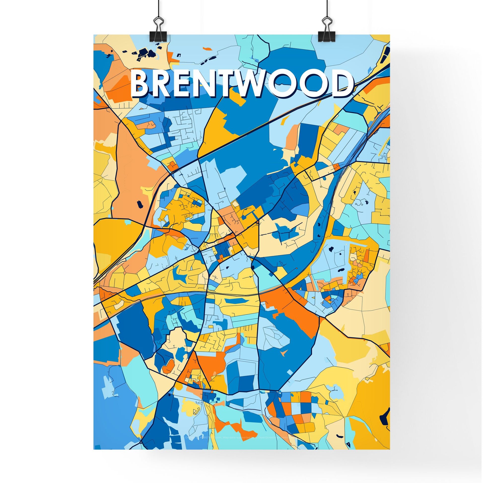 BRENTWOOD ENGLAND Vibrant Colorful Art Map Poster Blue Orange