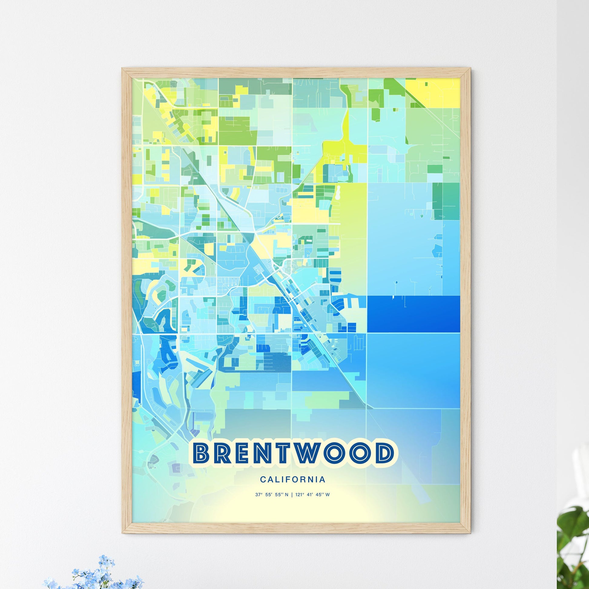 Colorful Brentwood California Fine Art Map Cool Blue