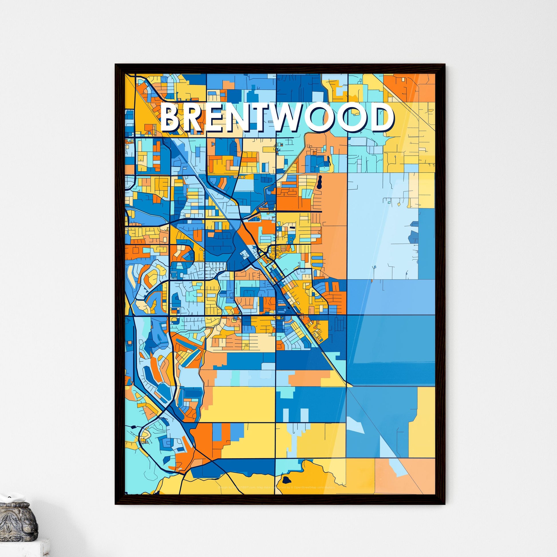 BRENTWOOD CALIFORNIA Vibrant Colorful Art Map Poster Blue Orange