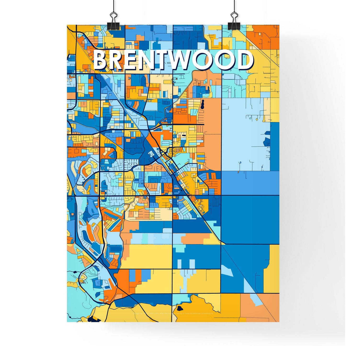 BRENTWOOD CALIFORNIA Vibrant Colorful Art Map Poster Blue Orange