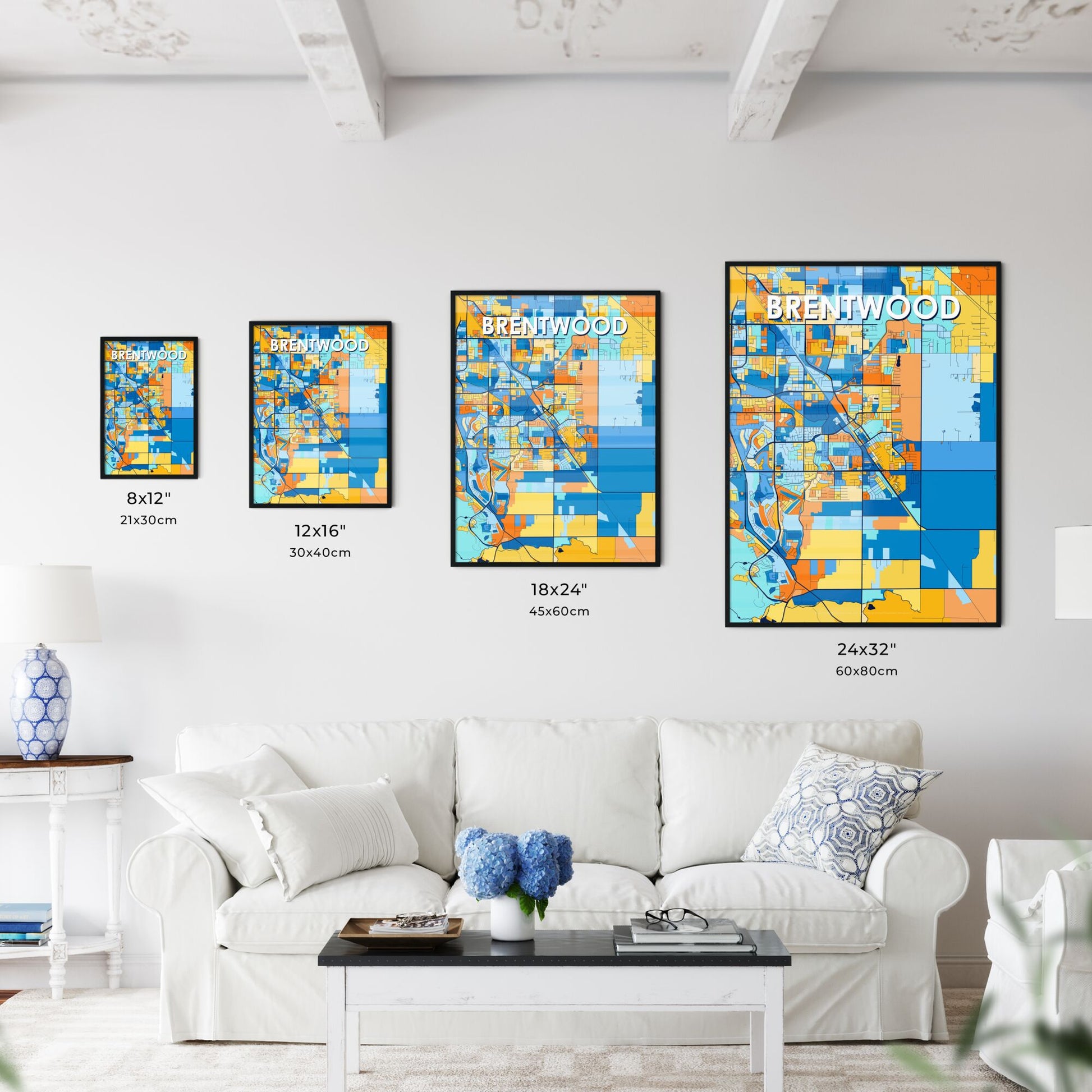 BRENTWOOD CALIFORNIA Vibrant Colorful Art Map Poster Blue Orange