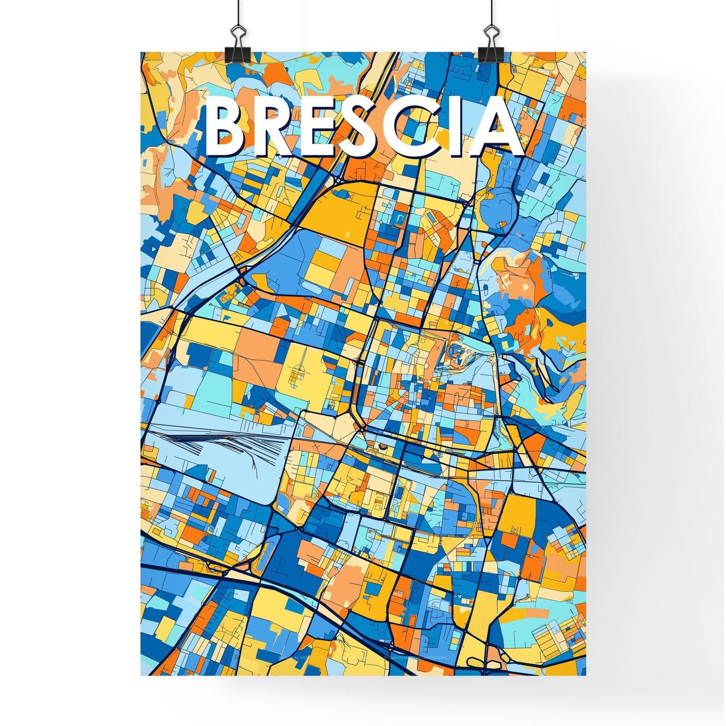 BRESCIA ITALY Vibrant Colorful Art Map Poster Blue Orange