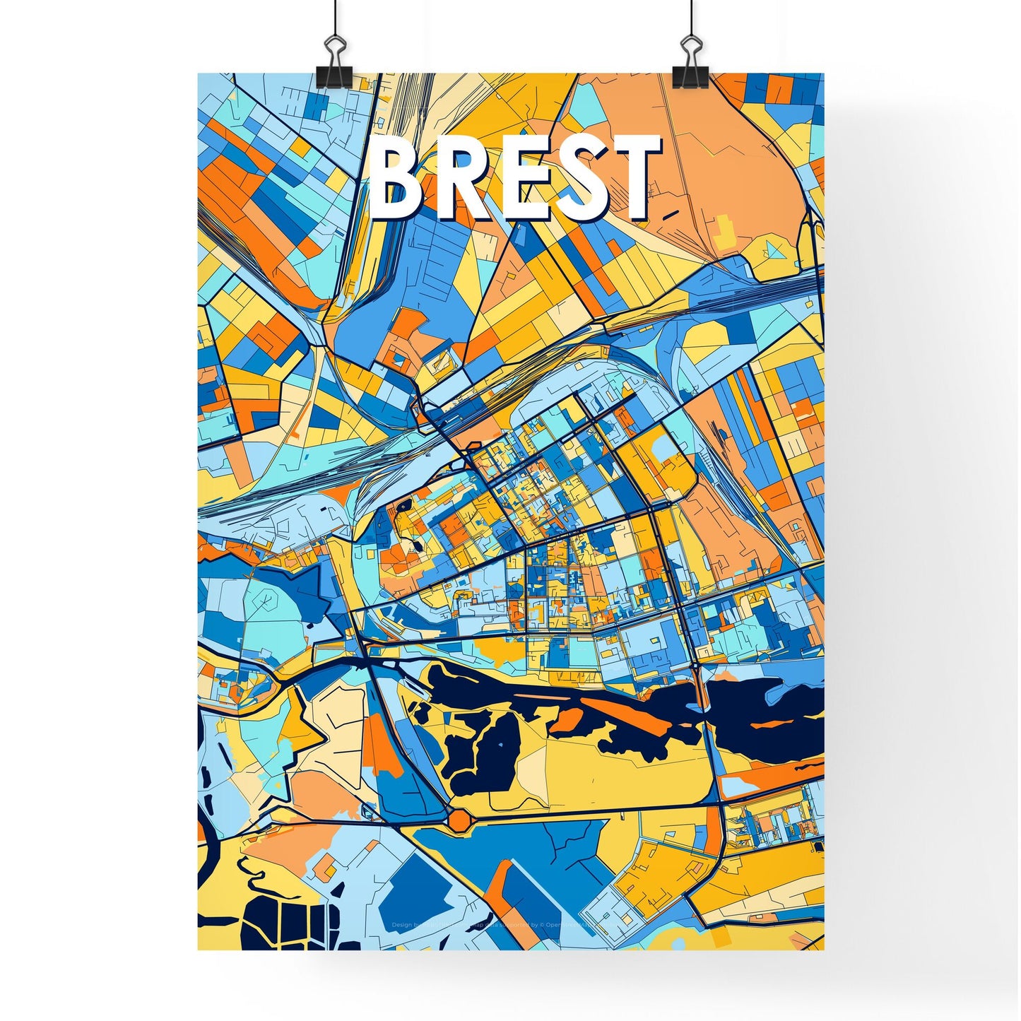 BREST BELARUS Vibrant Colorful Art Map Poster Blue Orange