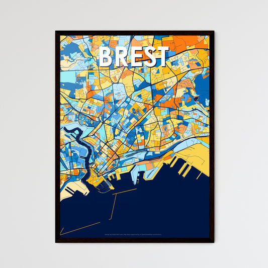 BREST FRANCE Vibrant Colorful Art Map Poster Blue Orange