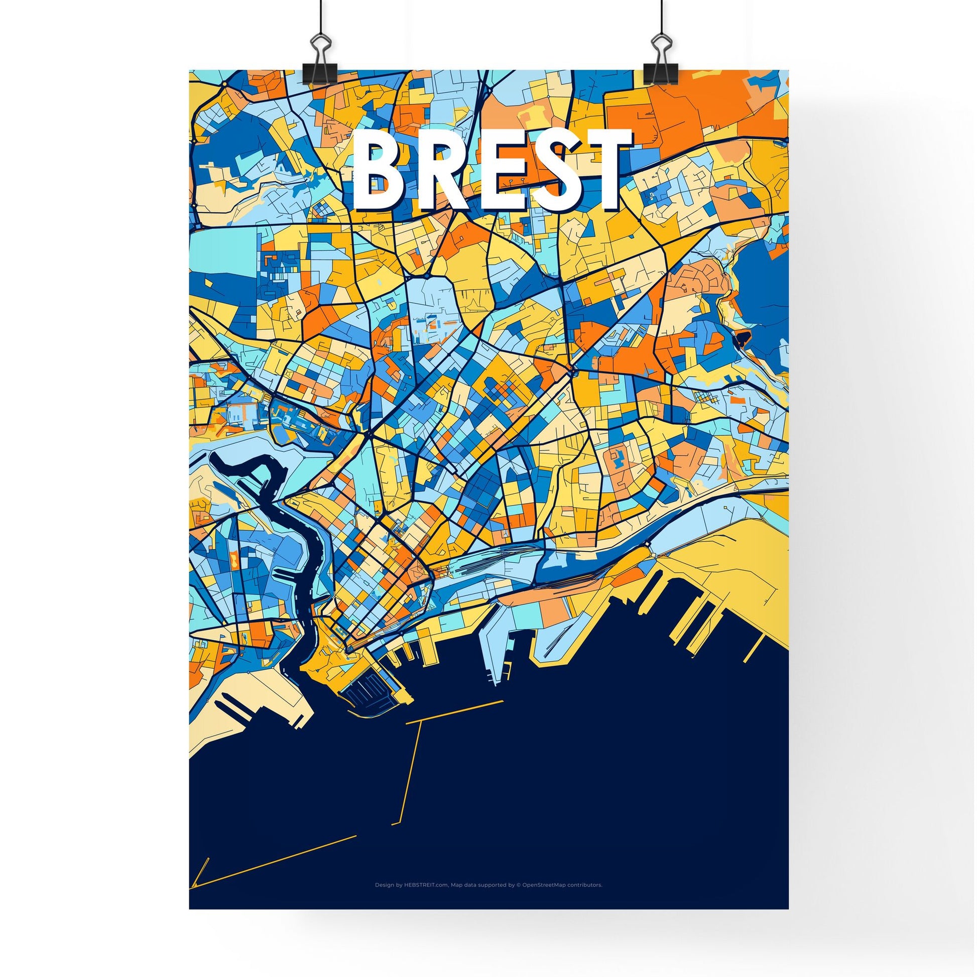 BREST FRANCE Vibrant Colorful Art Map Poster Blue Orange