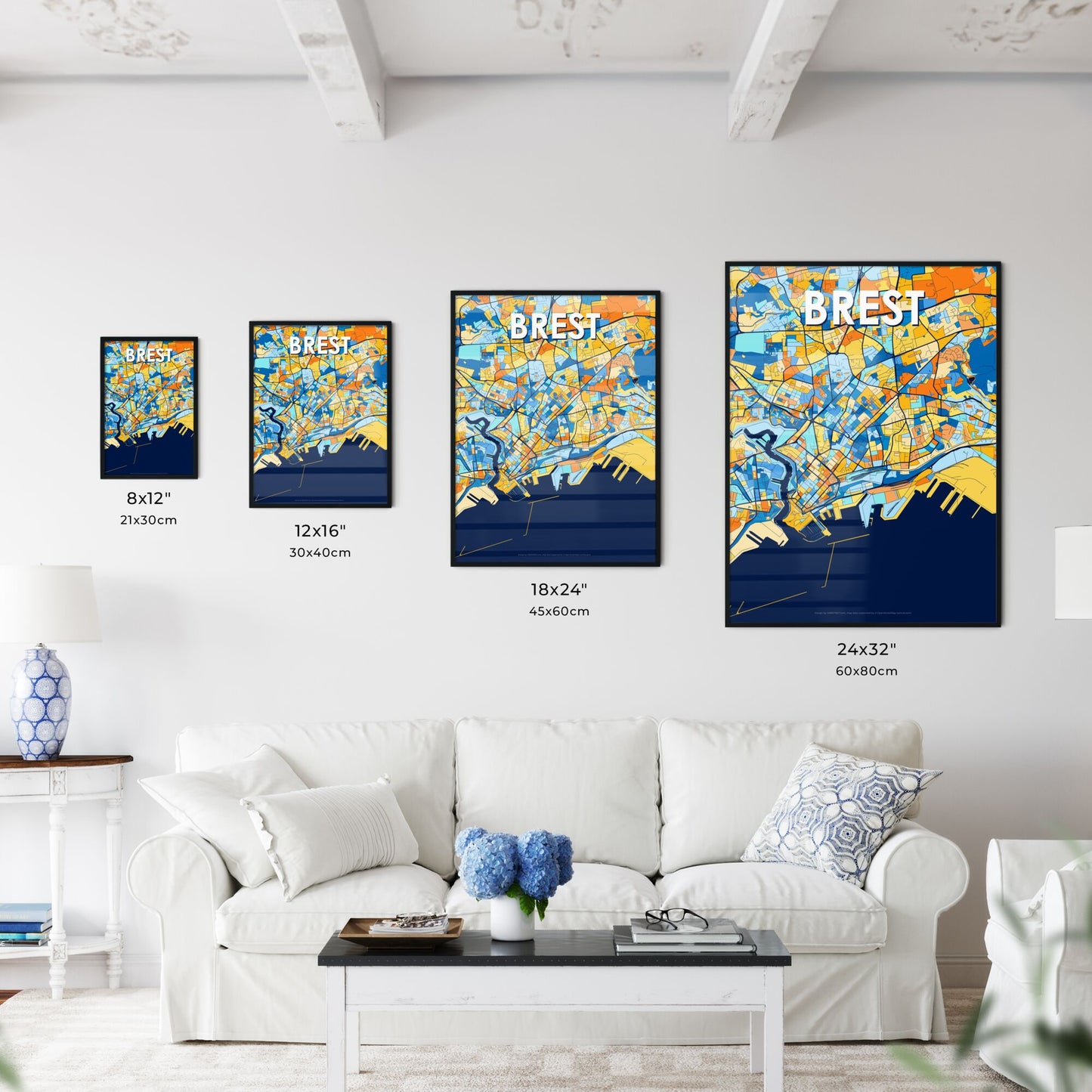 BREST FRANCE Vibrant Colorful Art Map Poster Blue Orange