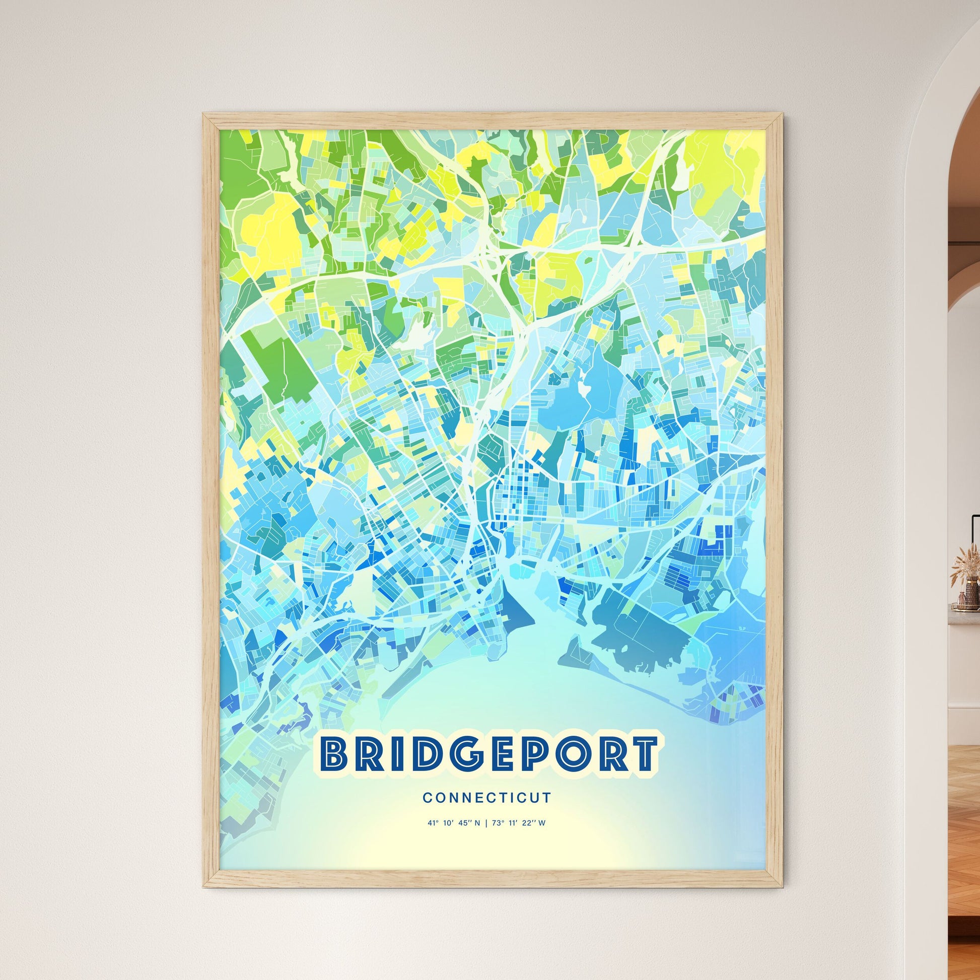 Colorful Bridgeport Connecticut Fine Art Map Cool Blue