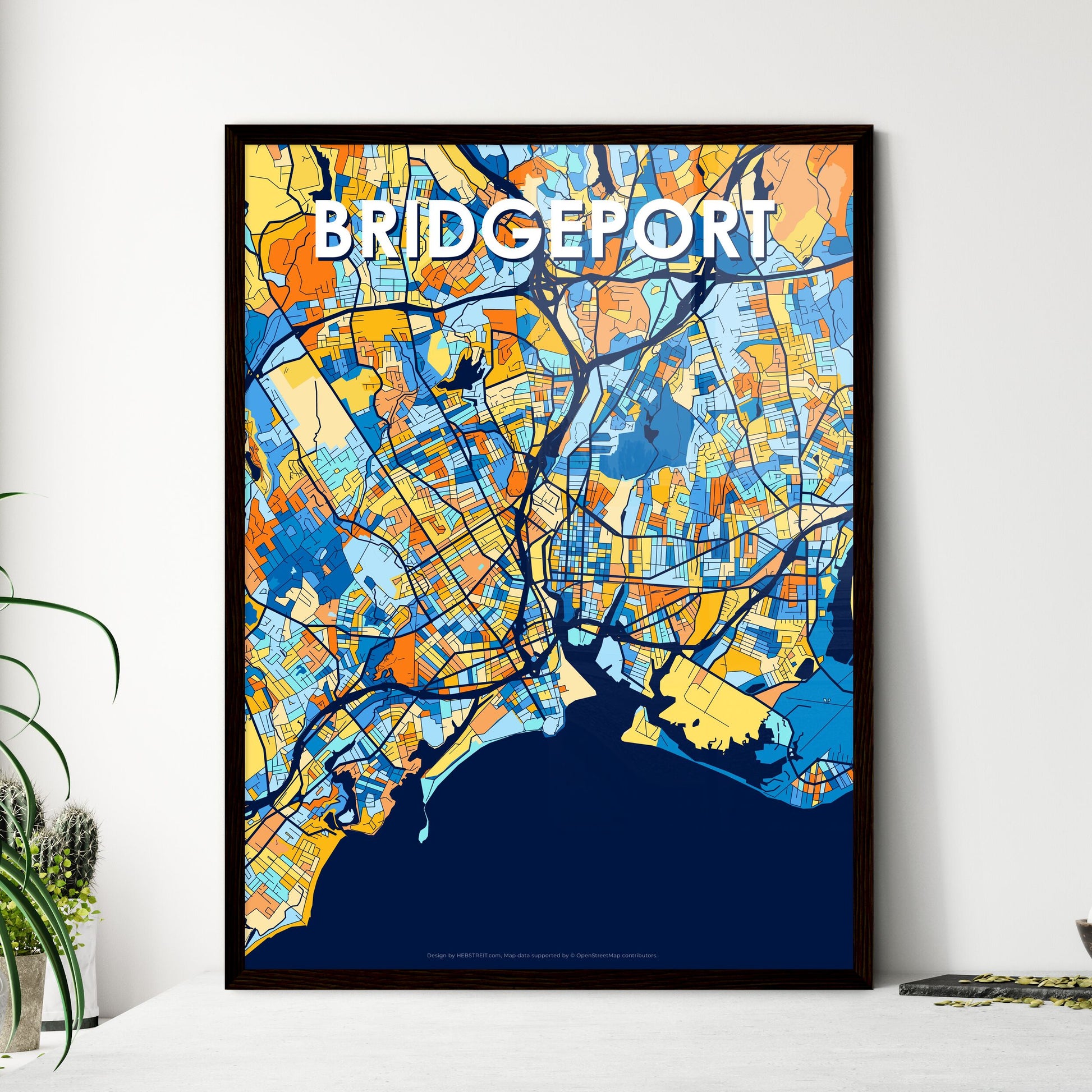 BRIDGEPORT CONNECTICUT Vibrant Colorful Art Map Poster Blue Orange