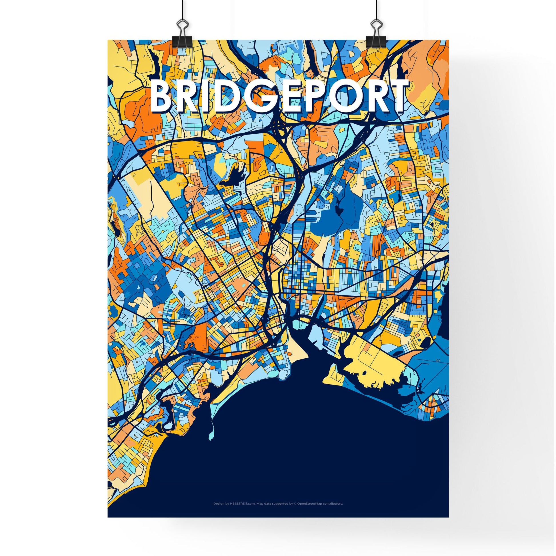 BRIDGEPORT CONNECTICUT Vibrant Colorful Art Map Poster Blue Orange