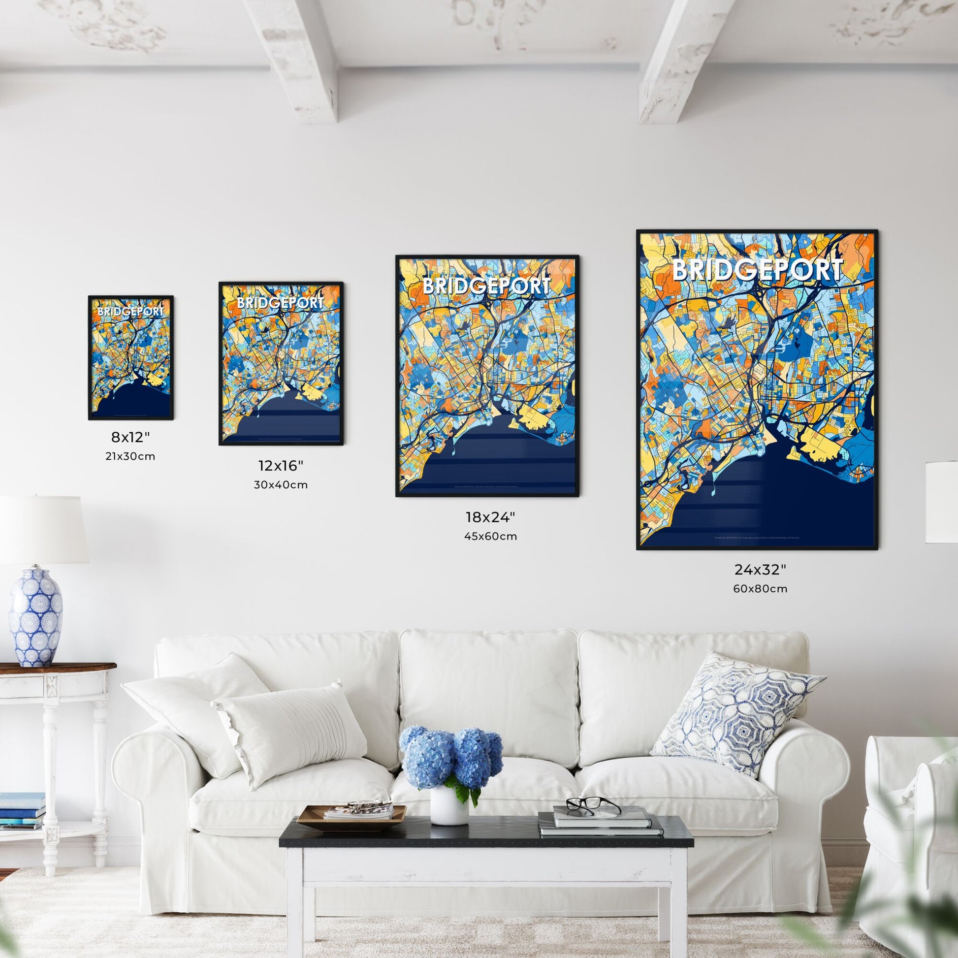 BRIDGEPORT CONNECTICUT Vibrant Colorful Art Map Poster Blue Orange