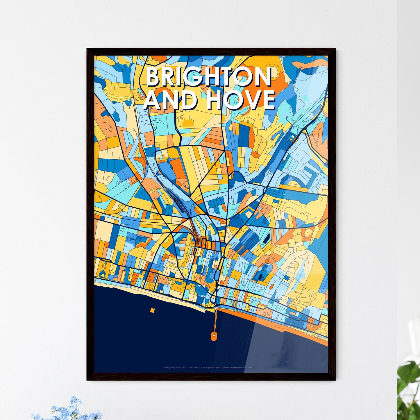 BRIGHTON AND HOVE ENGLAND Vibrant Colorful Art Map Poster Blue Orange