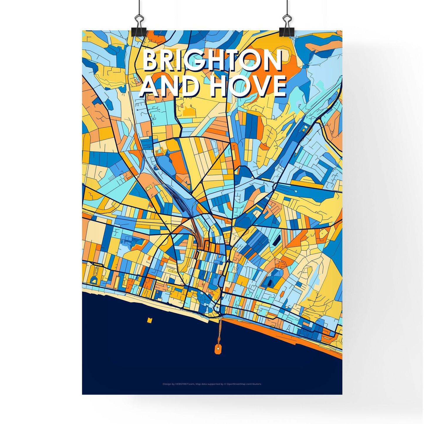 BRIGHTON AND HOVE ENGLAND Vibrant Colorful Art Map Poster Blue Orange