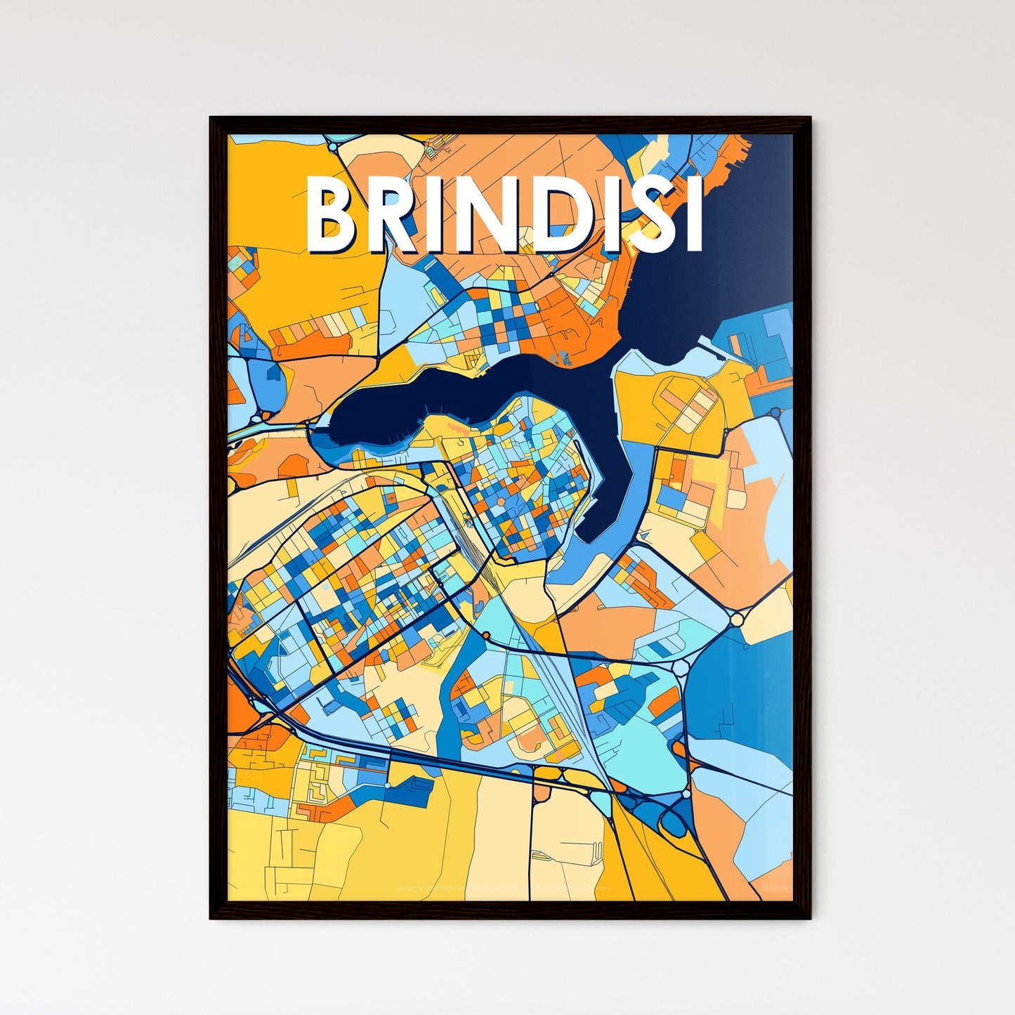 BRINDISI ITALY Vibrant Colorful Art Map Poster Blue Orange