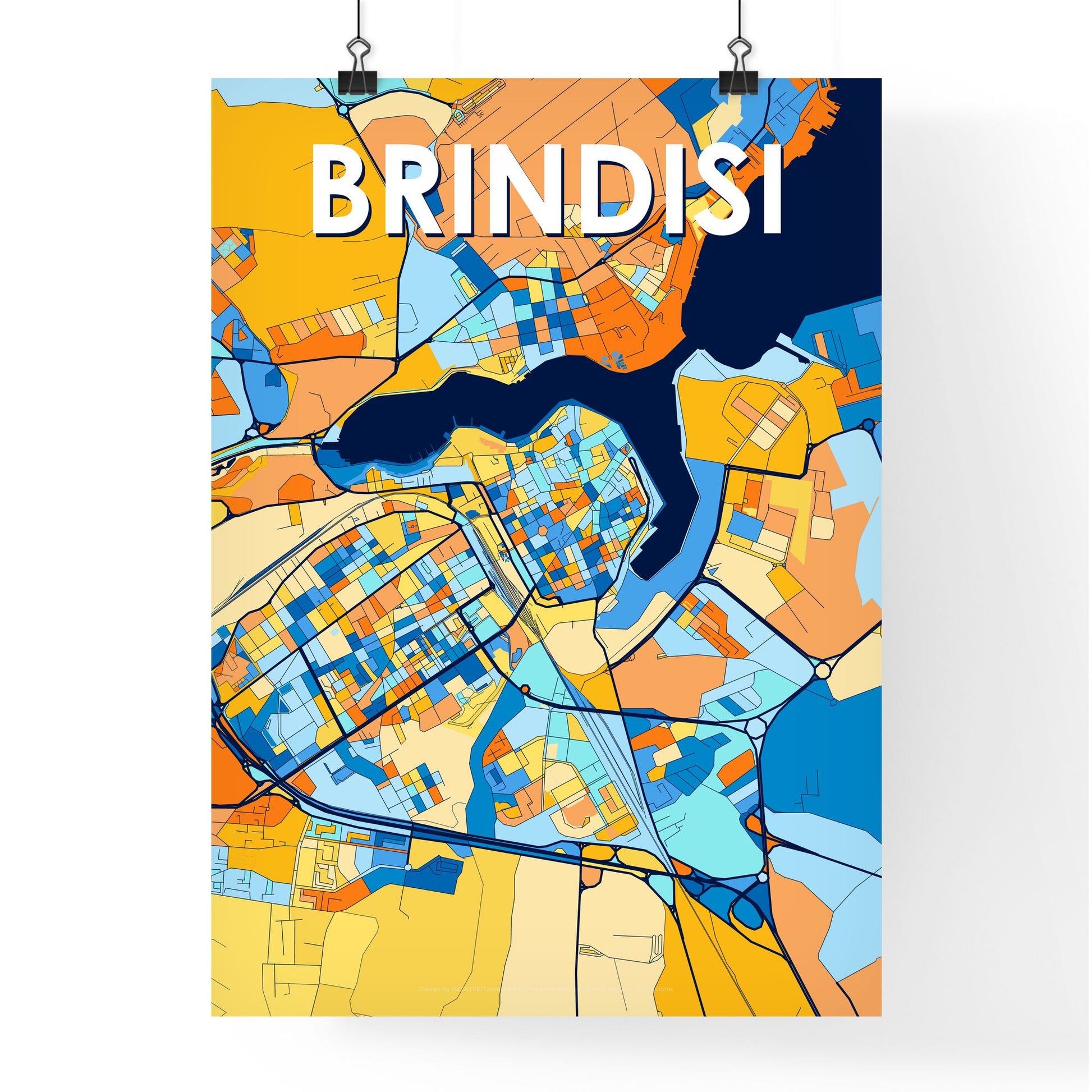 BRINDISI ITALY Vibrant Colorful Art Map Poster Blue Orange