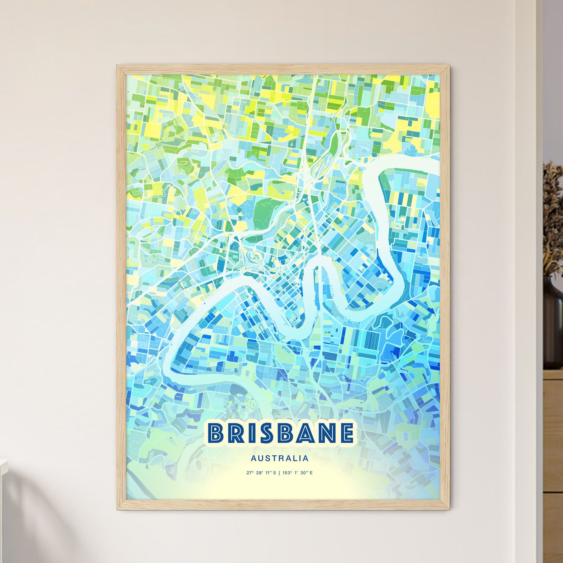 Colorful Brisbane Australia Fine Art Map Cool Blue