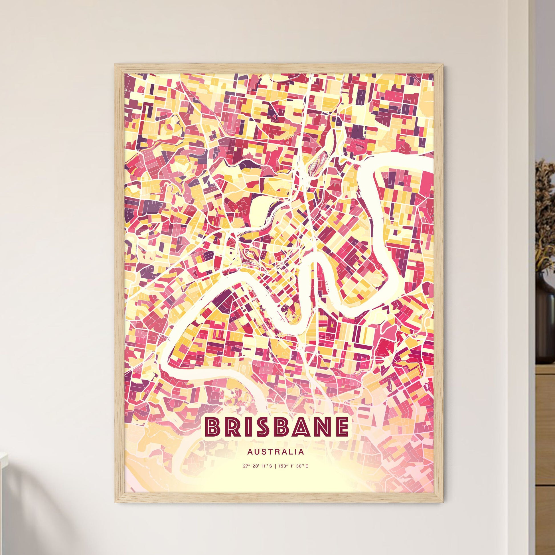 Colorful Brisbane Australia Fine Art Map Hot Red
