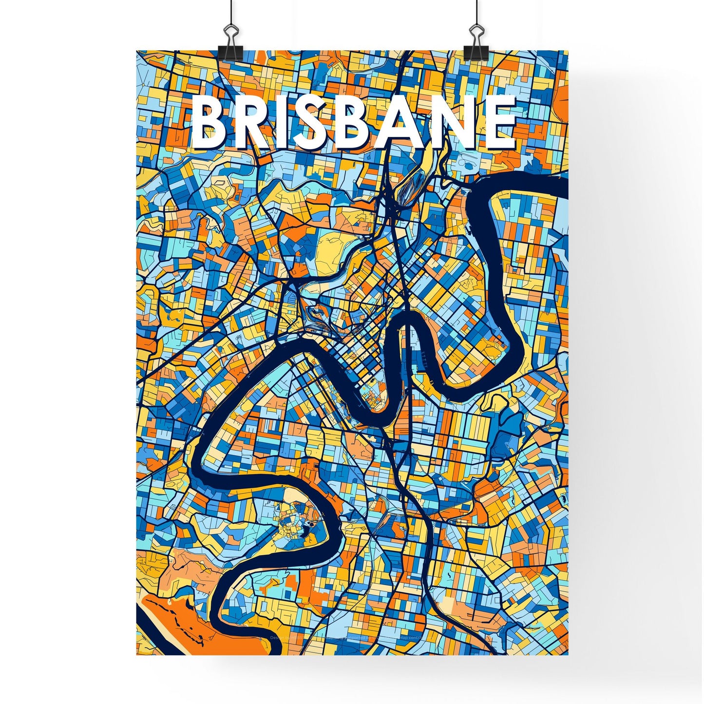 BRISBANE AUSTRALIA Vibrant Colorful Art Map Poster Blue Orange