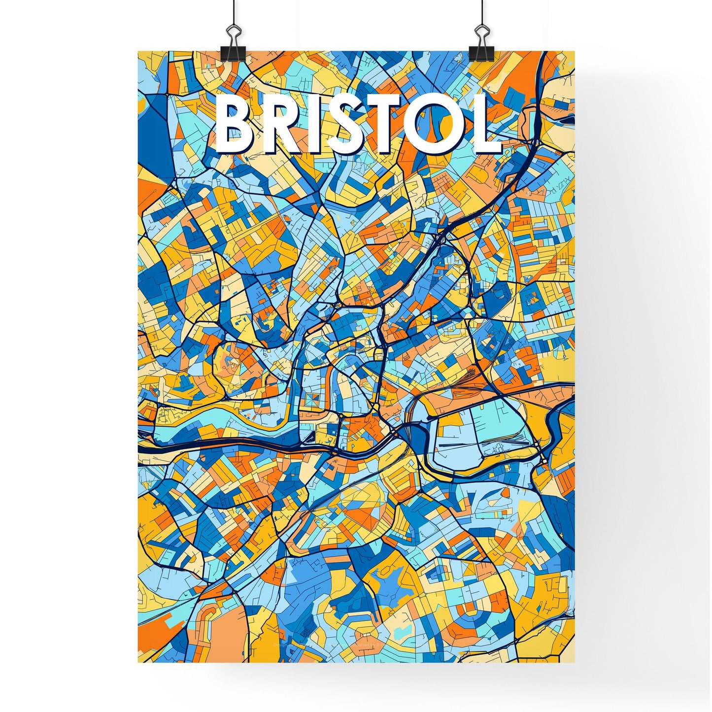 BRISTOL ENGLAND Vibrant Colorful Art Map Poster Blue Orange