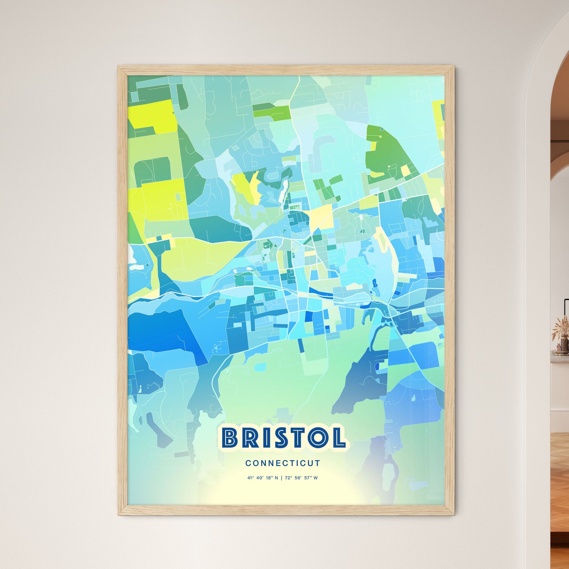 Colorful Bristol Connecticut Fine Art Map Cool Blue