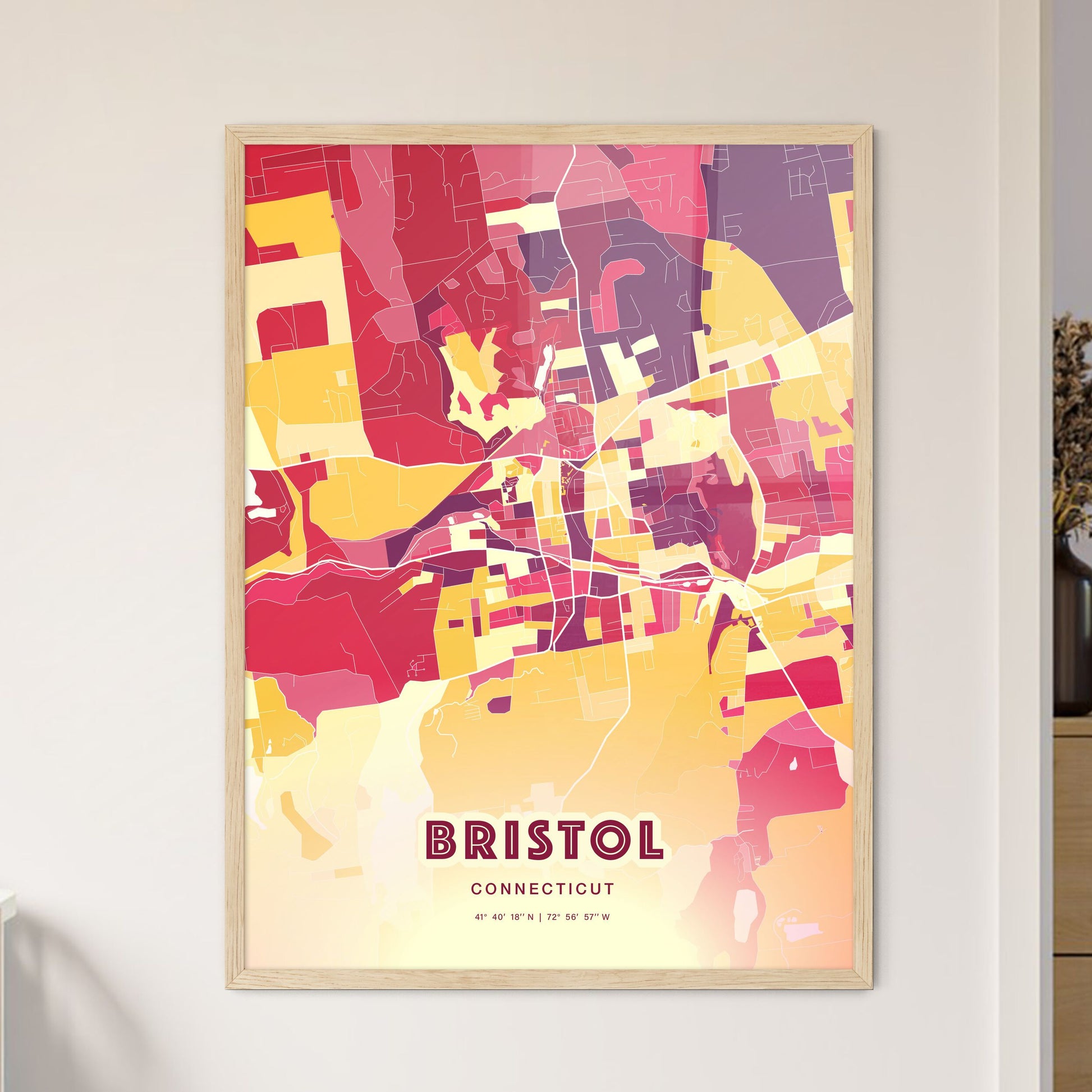 Colorful Bristol Connecticut Fine Art Map Hot Red