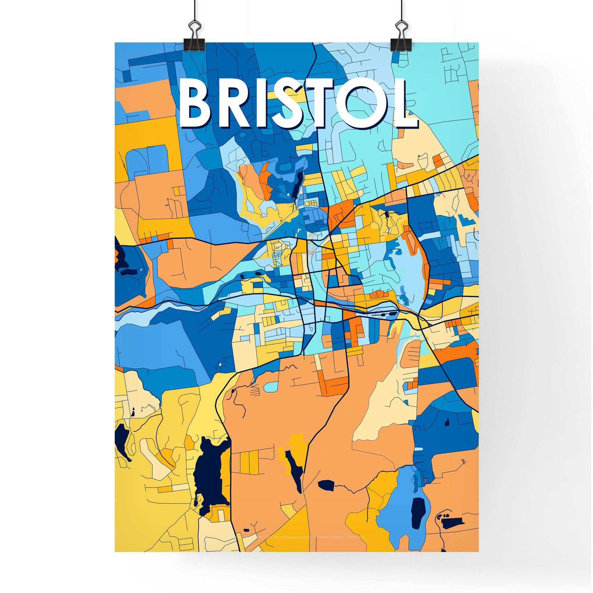 BRISTOL CONNECTICUT Vibrant Colorful Art Map Poster Blue Orange