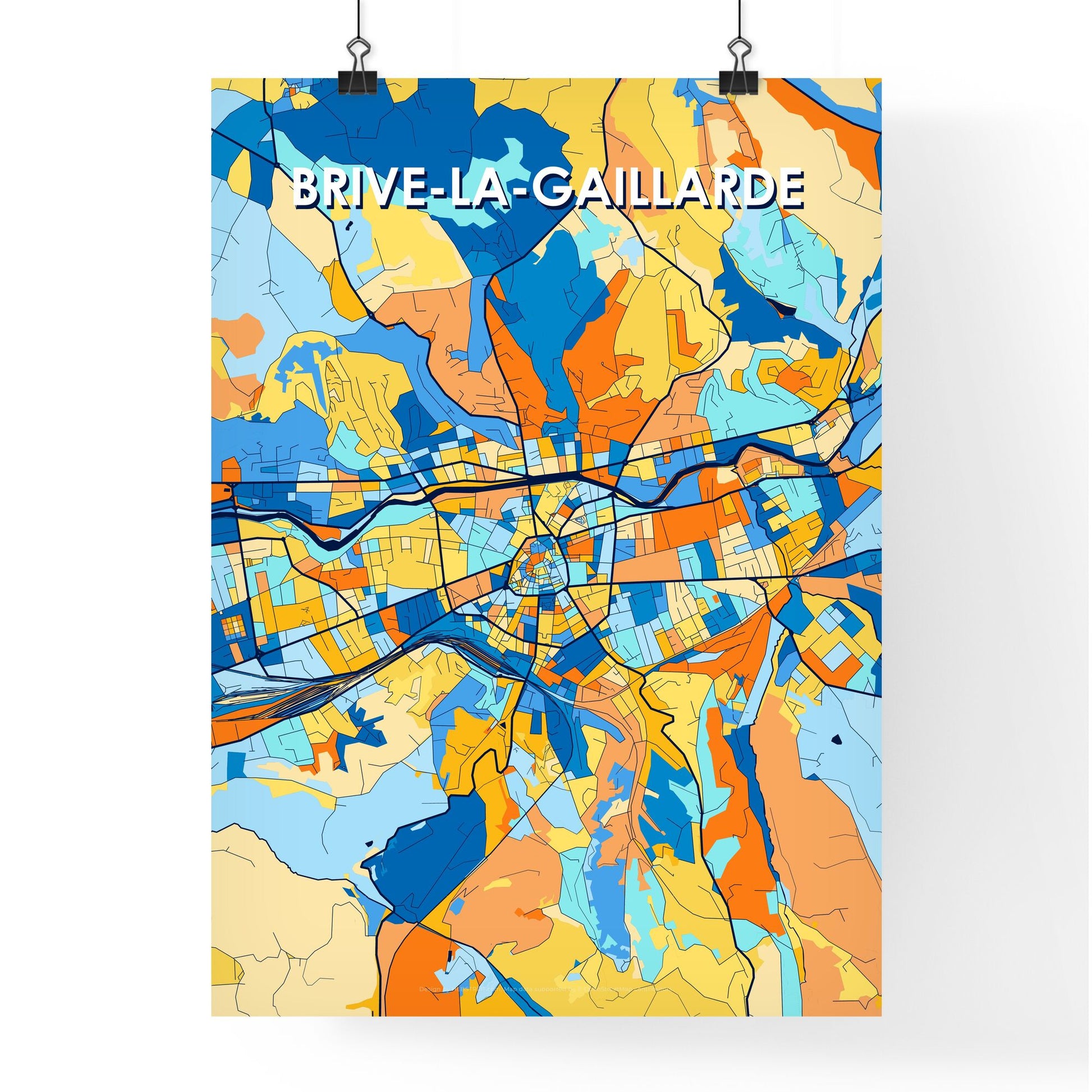 BRIVE-LA-GAILLARDE FRANCE Vibrant Colorful Art Map Poster Blue Orange