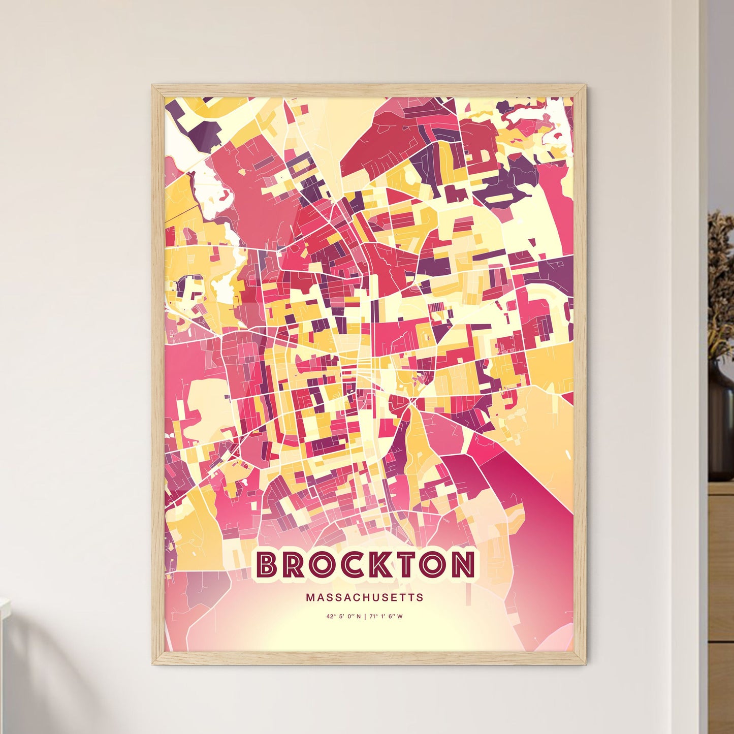 Colorful Brockton Massachusetts Fine Art Map Hot Red