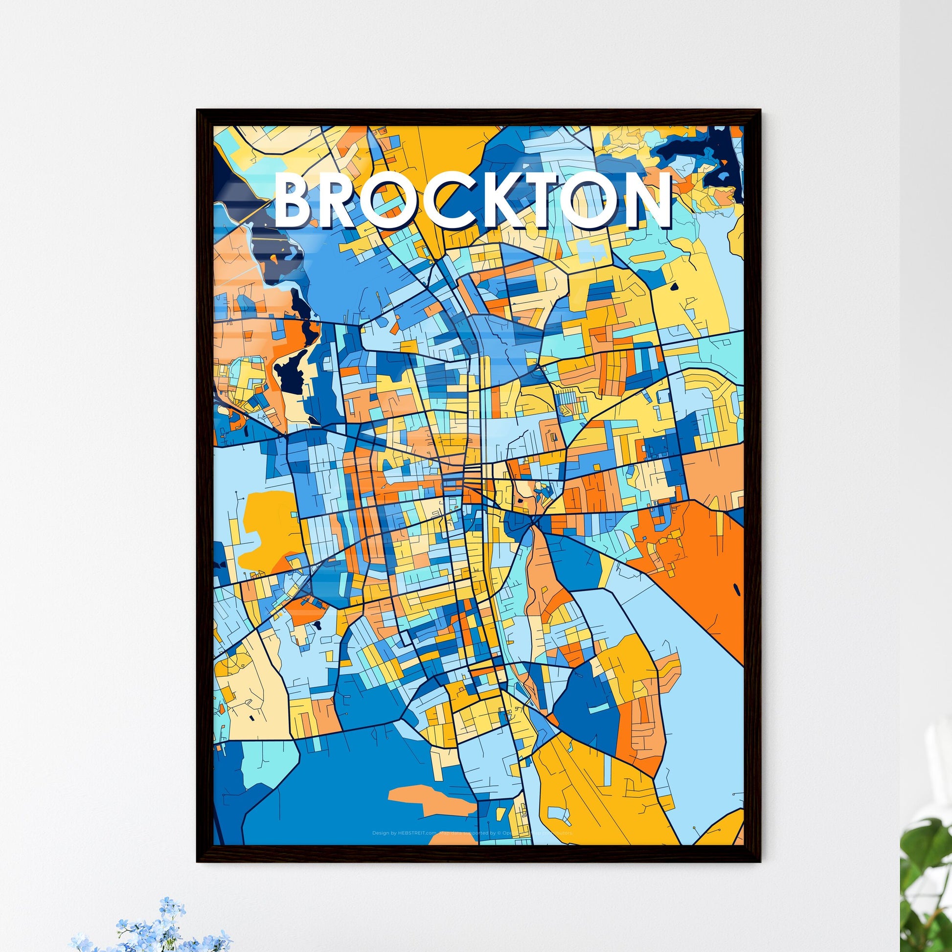 BROCKTON MASSACHUSETTS Vibrant Colorful Art Map Poster Blue Orange