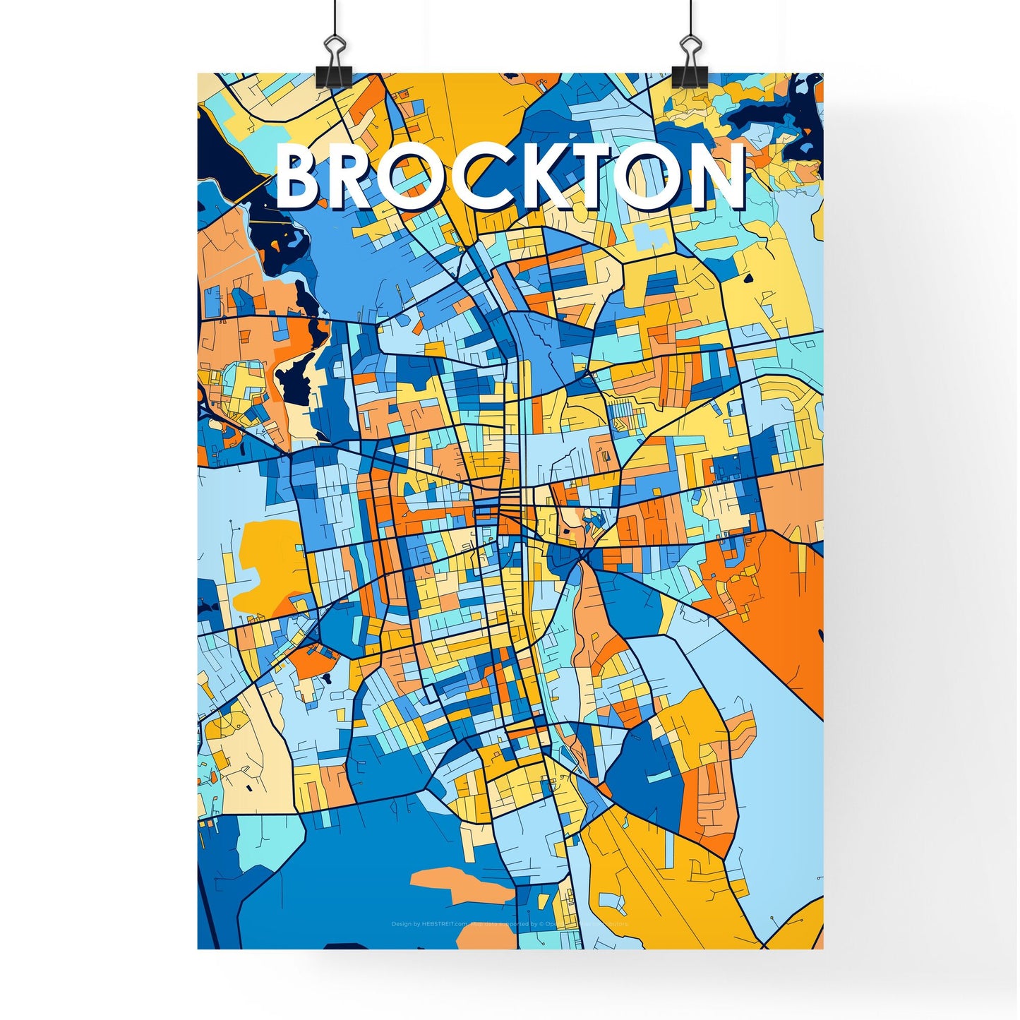 BROCKTON MASSACHUSETTS Vibrant Colorful Art Map Poster Blue Orange