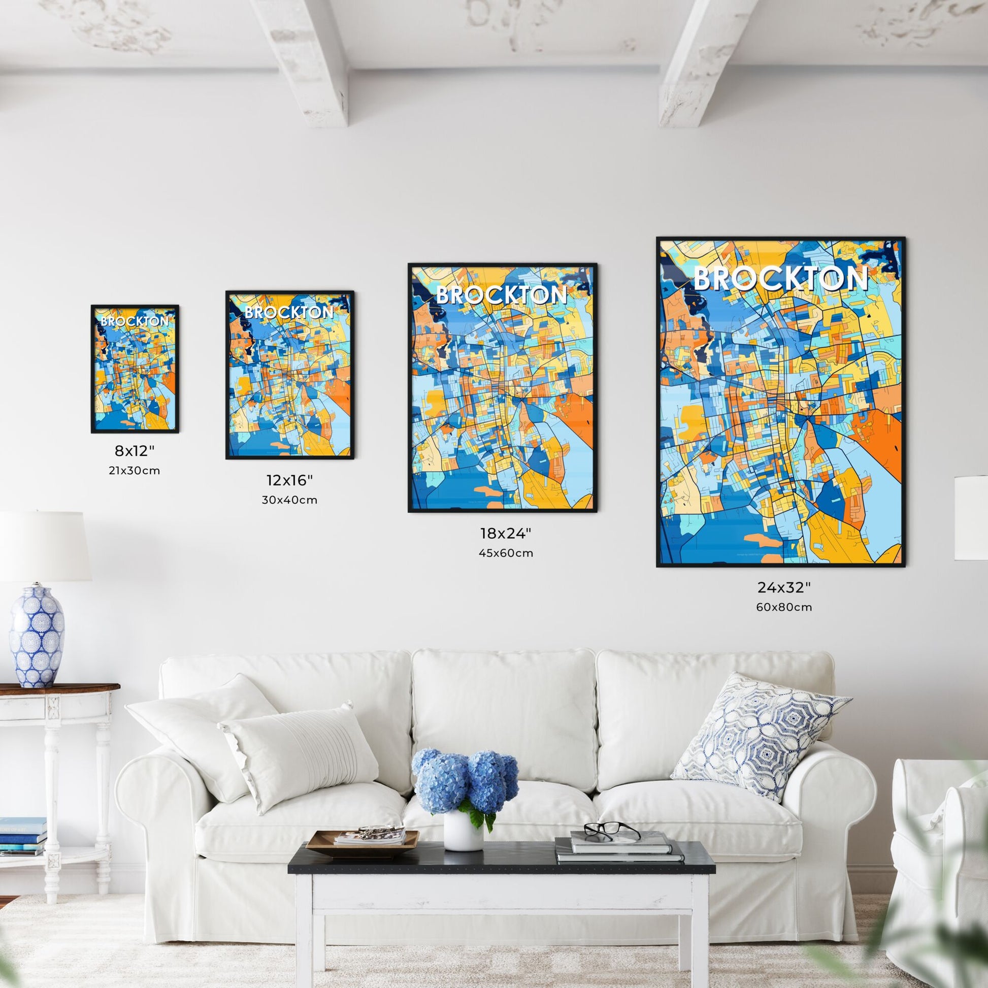 BROCKTON MASSACHUSETTS Vibrant Colorful Art Map Poster Blue Orange