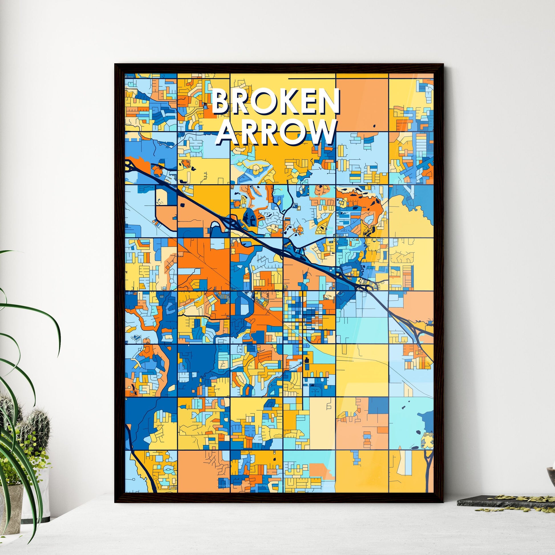 BROKEN ARROW OKLAHOMA Vibrant Colorful Art Map Poster Blue Orange