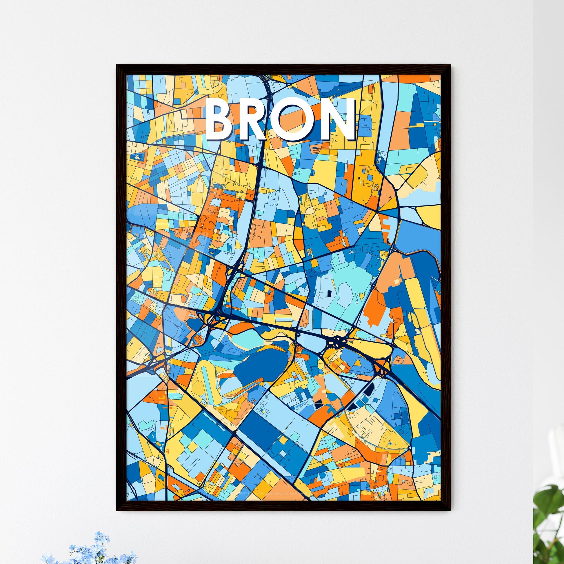 BRON FRANCE Vibrant Colorful Art Map Poster Blue Orange