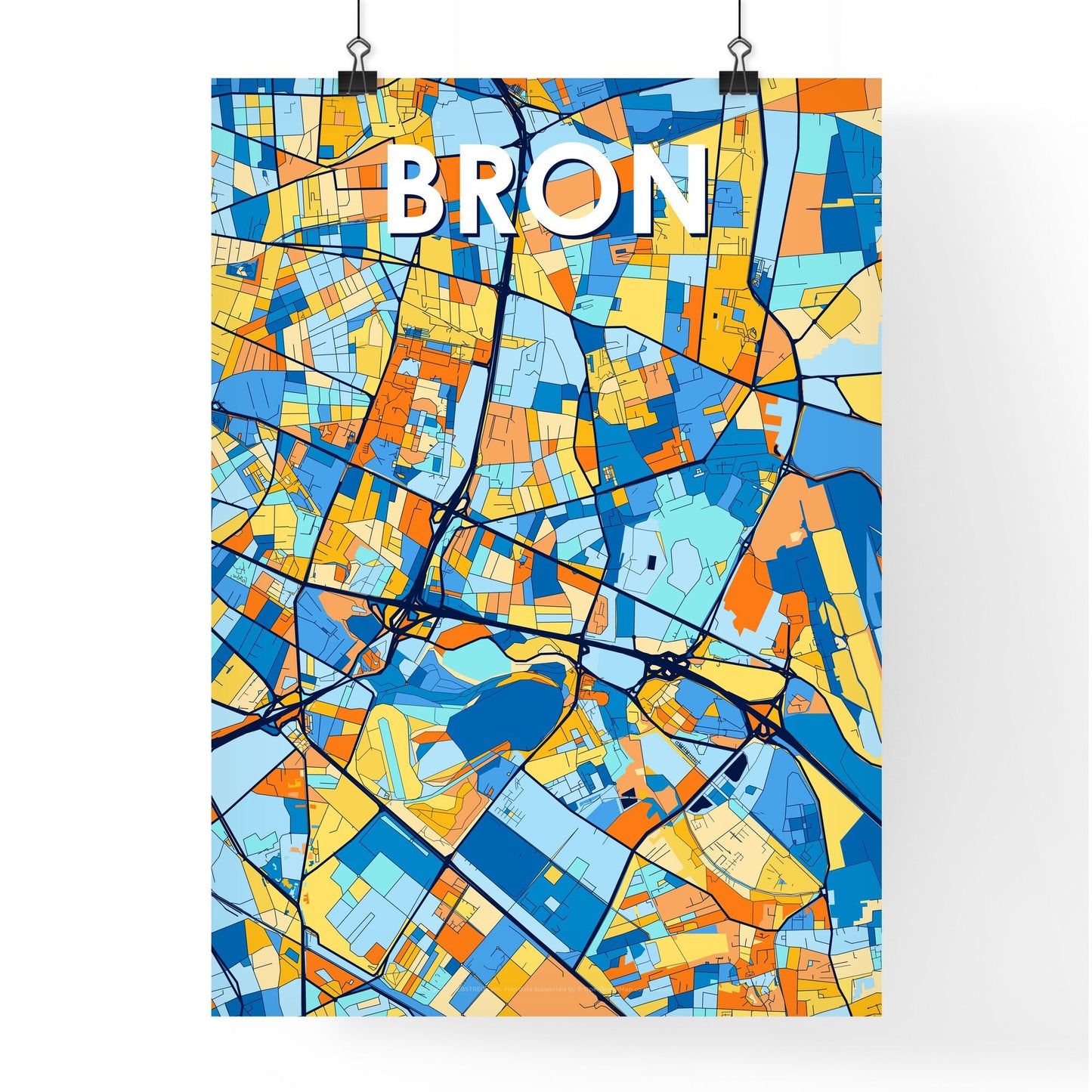 BRON FRANCE Vibrant Colorful Art Map Poster Blue Orange