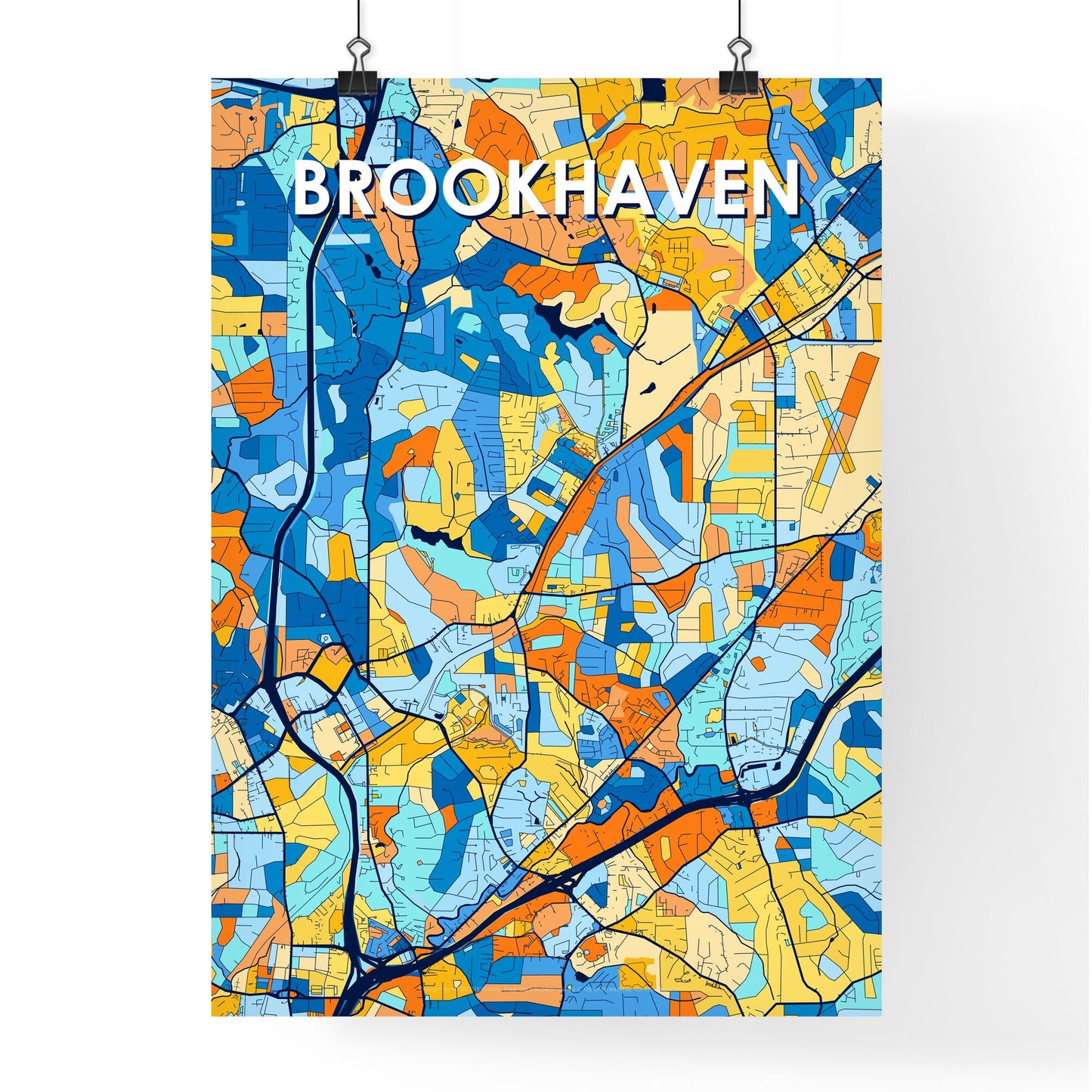 BROOKHAVEN GEORGIA Vibrant Colorful Art Map Poster Blue Orange