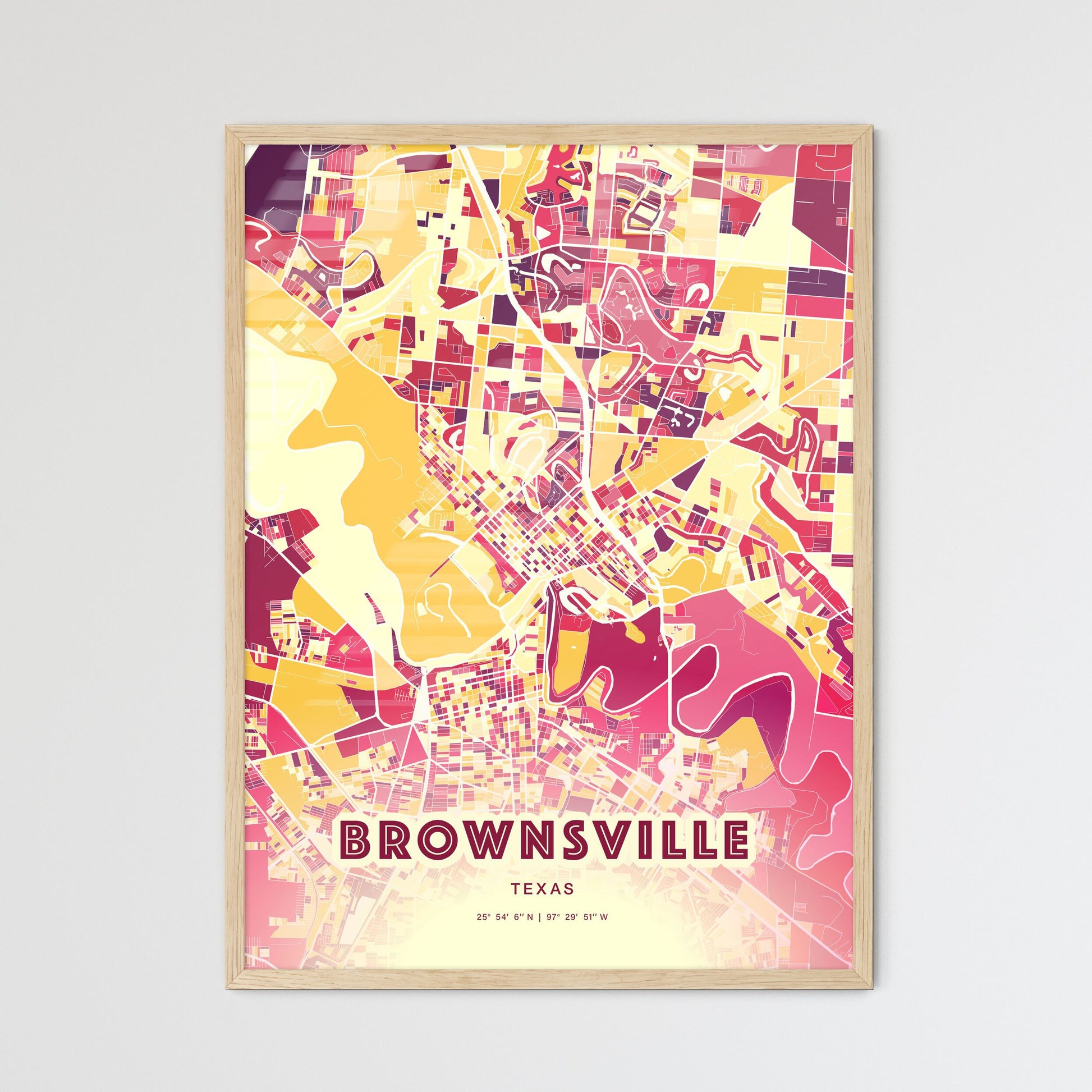 Colorful Brownsville Texas Fine Art Map Hot Red