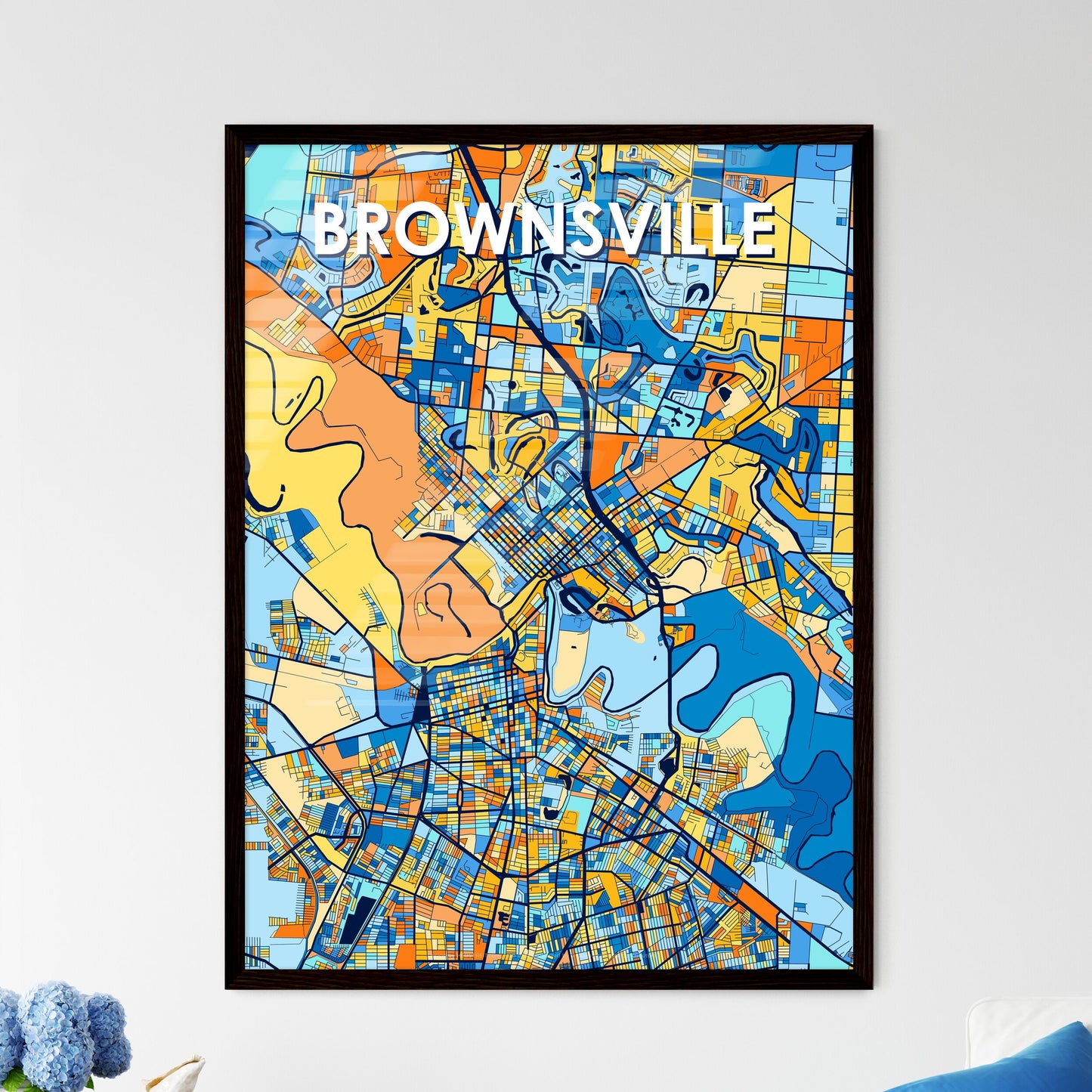 BROWNSVILLE TEXAS Vibrant Colorful Art Map Poster Blue Orange