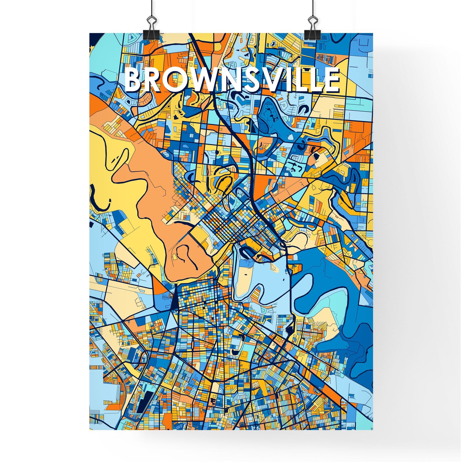 BROWNSVILLE TEXAS Vibrant Colorful Art Map Poster Blue Orange