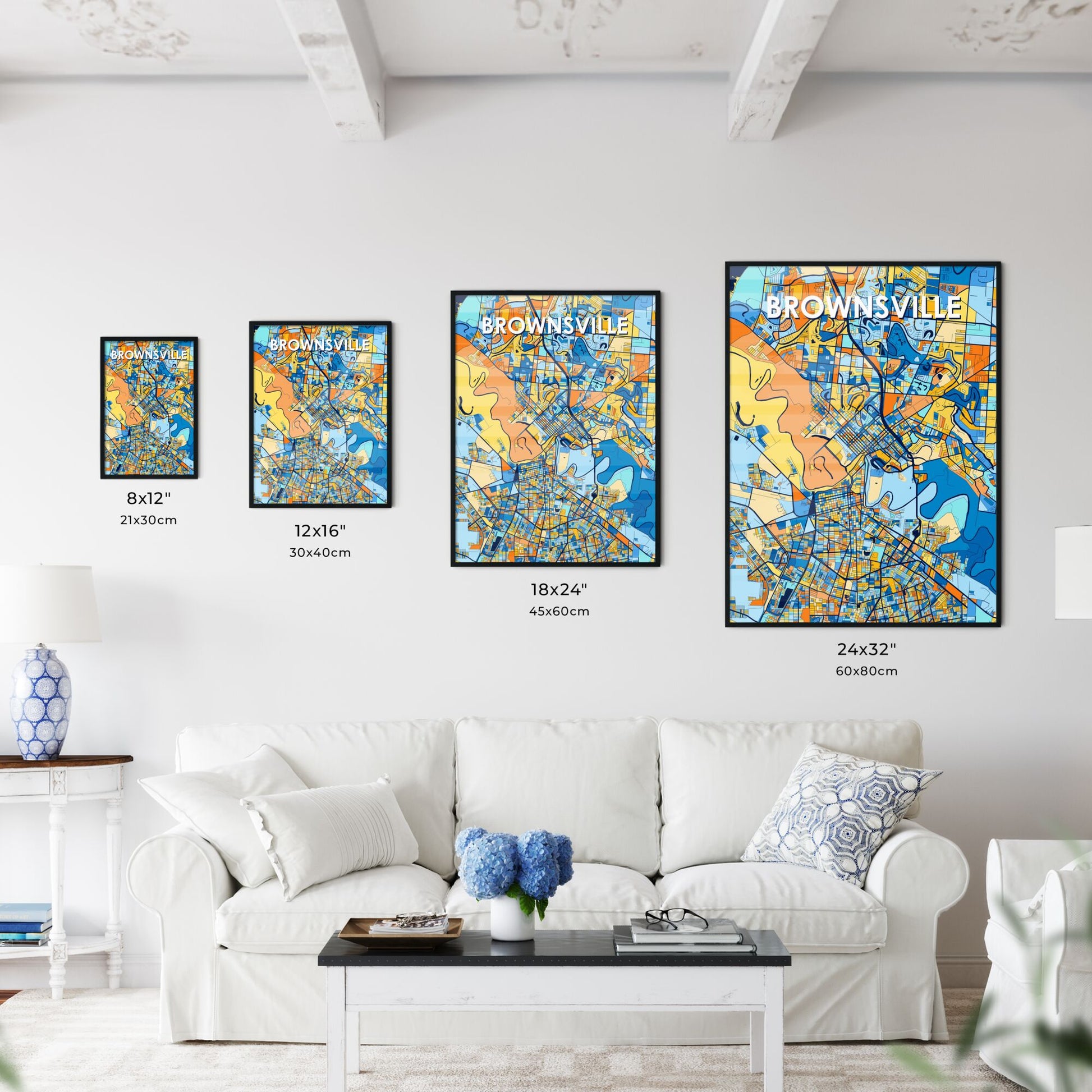 BROWNSVILLE TEXAS Vibrant Colorful Art Map Poster Blue Orange