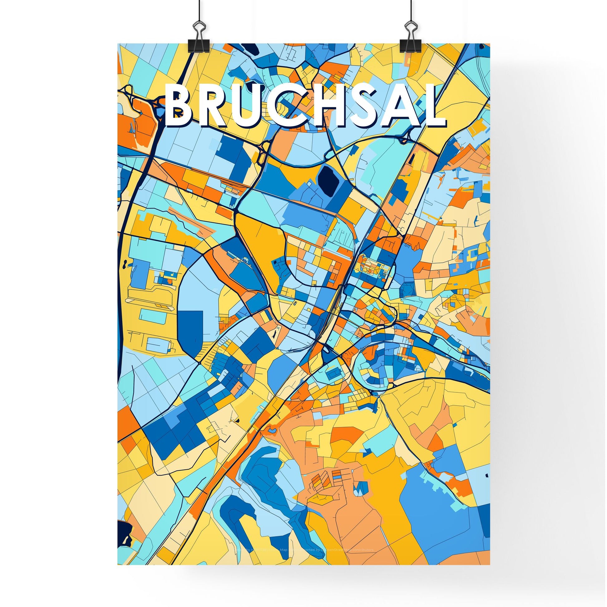 BRUCHSAL GERMANY Vibrant Colorful Art Map Poster Blue Orange