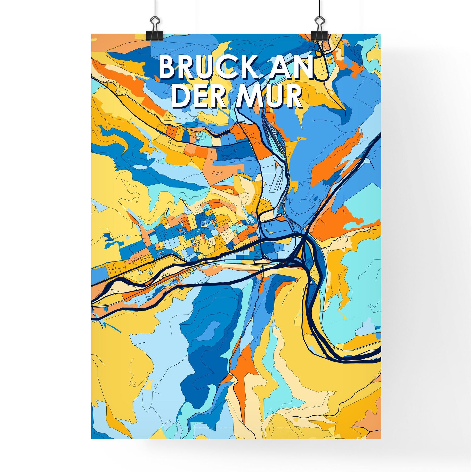 BRUCK AN DER MUR AUSTRIA Vibrant Colorful Art Map Poster Blue Orange