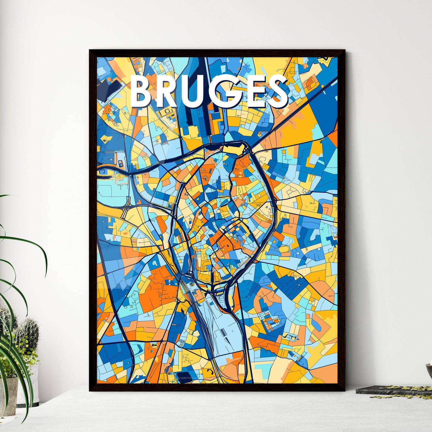 BRUGES BELGIUM Vibrant Colorful Art Map Poster Blue Orange